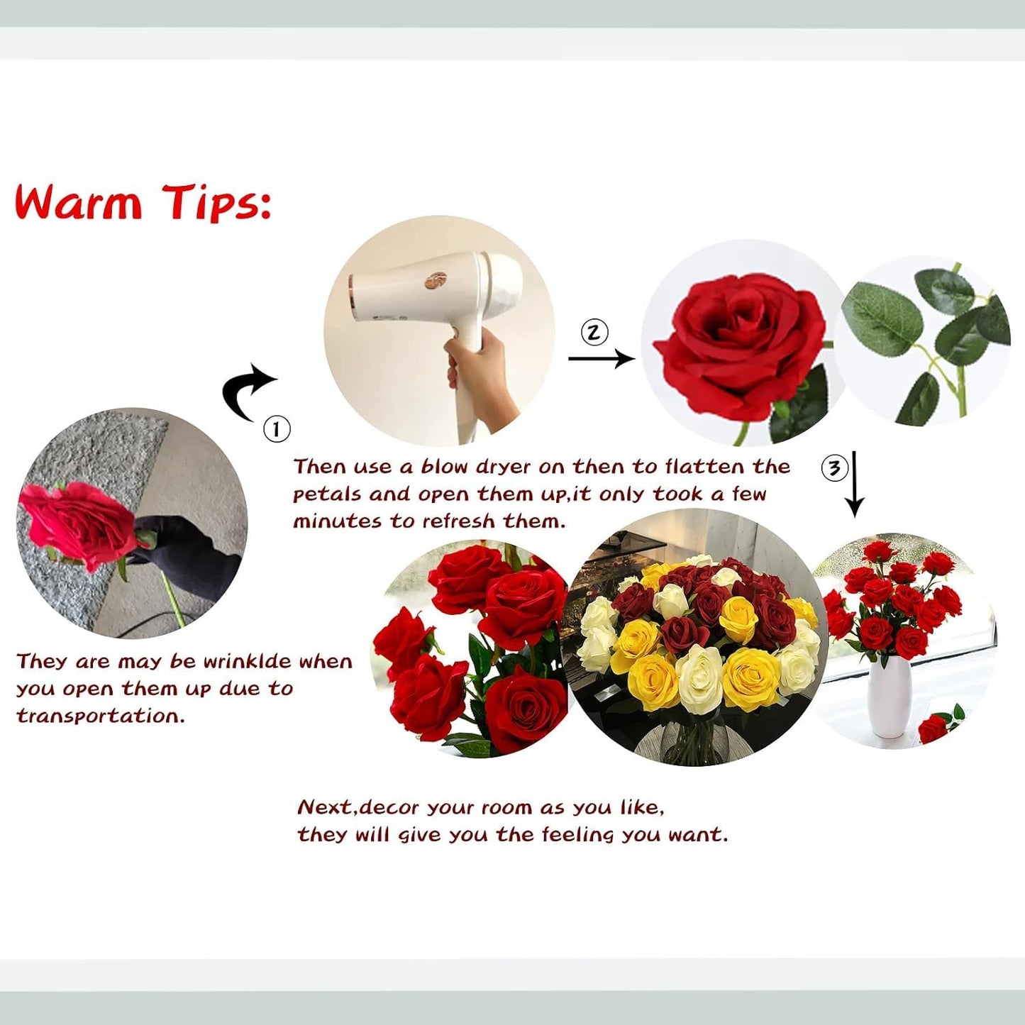 FLORRALIA White Fake Roses Artificial Flowers - 16 Pcs Fake Artificial Roses Silk Flowers with Stems for Home Wedding Hotel Office Centerpiece Decor