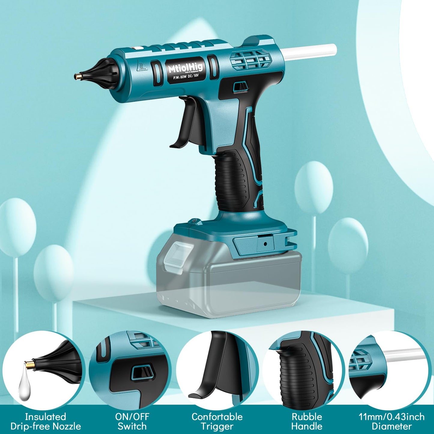 MtiolHig Cordless Hot Glue Gun Compatible with Makita 18v Battery (Tool Only) Handheld Wireless Power Heavy Duty Hot Glue Gun Full Size Kit with 20pcs 0.43'' Hot Glue Stick for Arts & Crafts