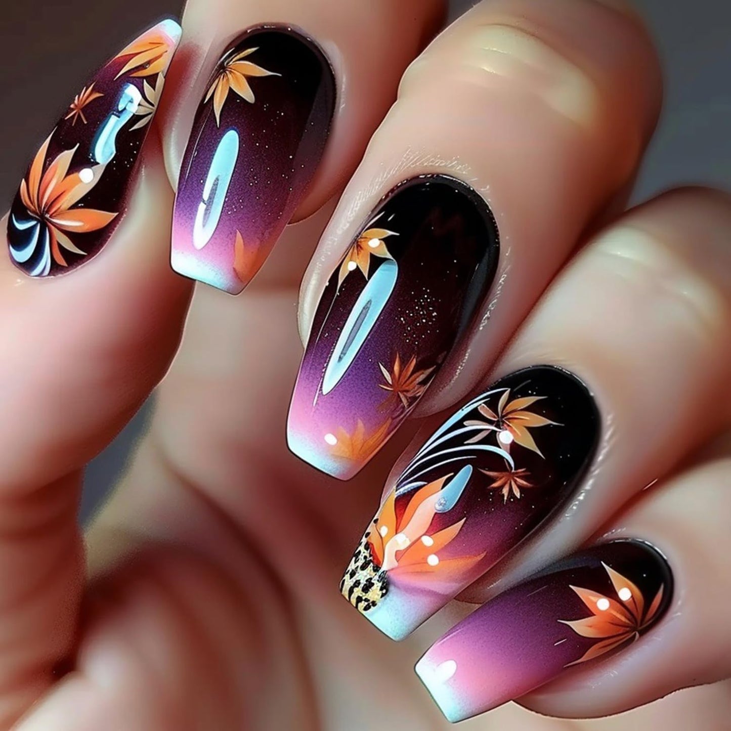 CJDLTS Autumn Press on Nails Medium Ballet Artificial Acrylic Fake Nails Gradient Maple Leaf Design Stick on Nail Full Cover Thanksgiving False Nail Artificial Fingernails for Women Festival Manicure