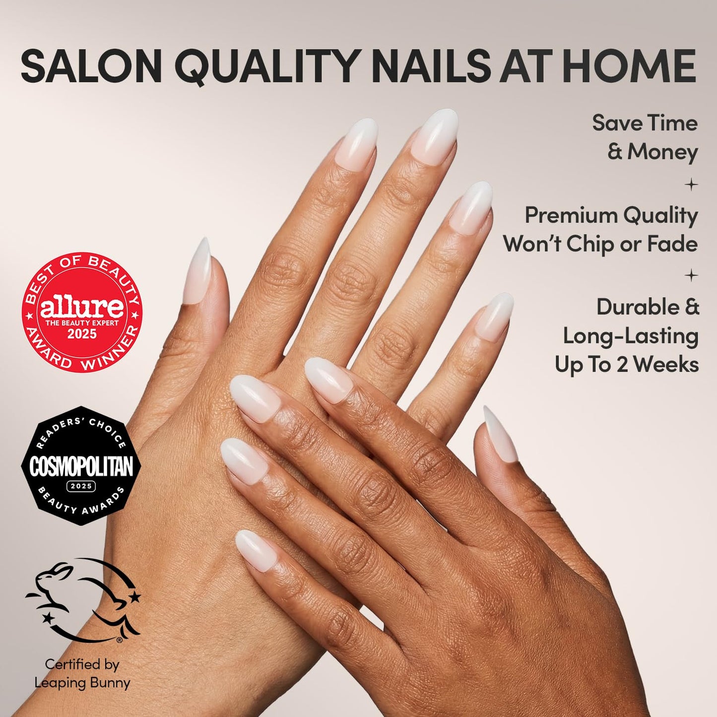 Glamnetic Press On Nails - Creamer | UV Finish Neutral Ombre Short Round Fake Nails, Salon Quality | 15 Sizes - 30 Nail Kit with Glue