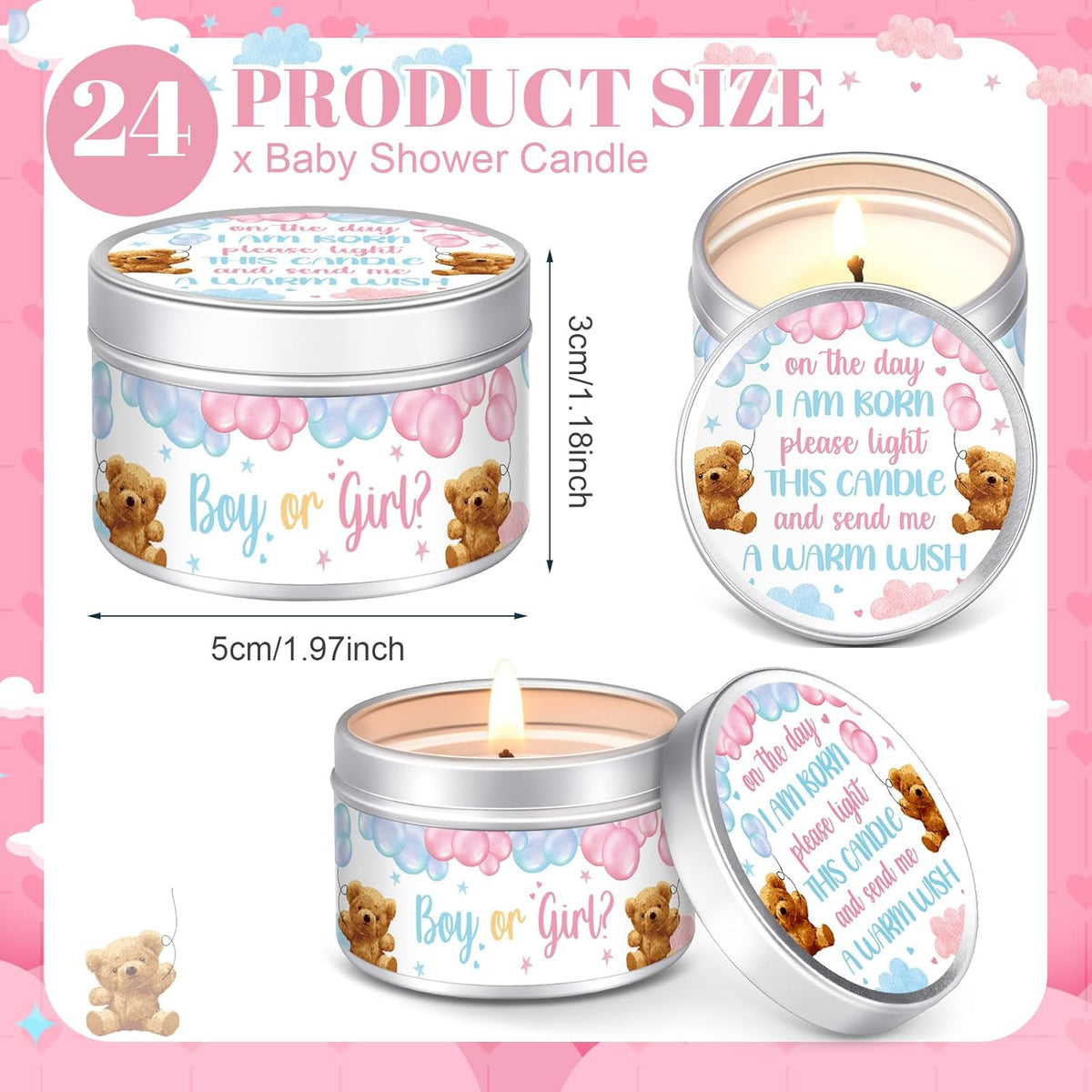 MTLEE 24 Pcs Gender Reveal Bear Baby Shower Party Favors Candles Lavender Scented Baby Shower Favors for Guests Rustic Tealights Candles Gender Reveal Return Gifts Girl Boy(1.2 Oz, Blue and Pink)