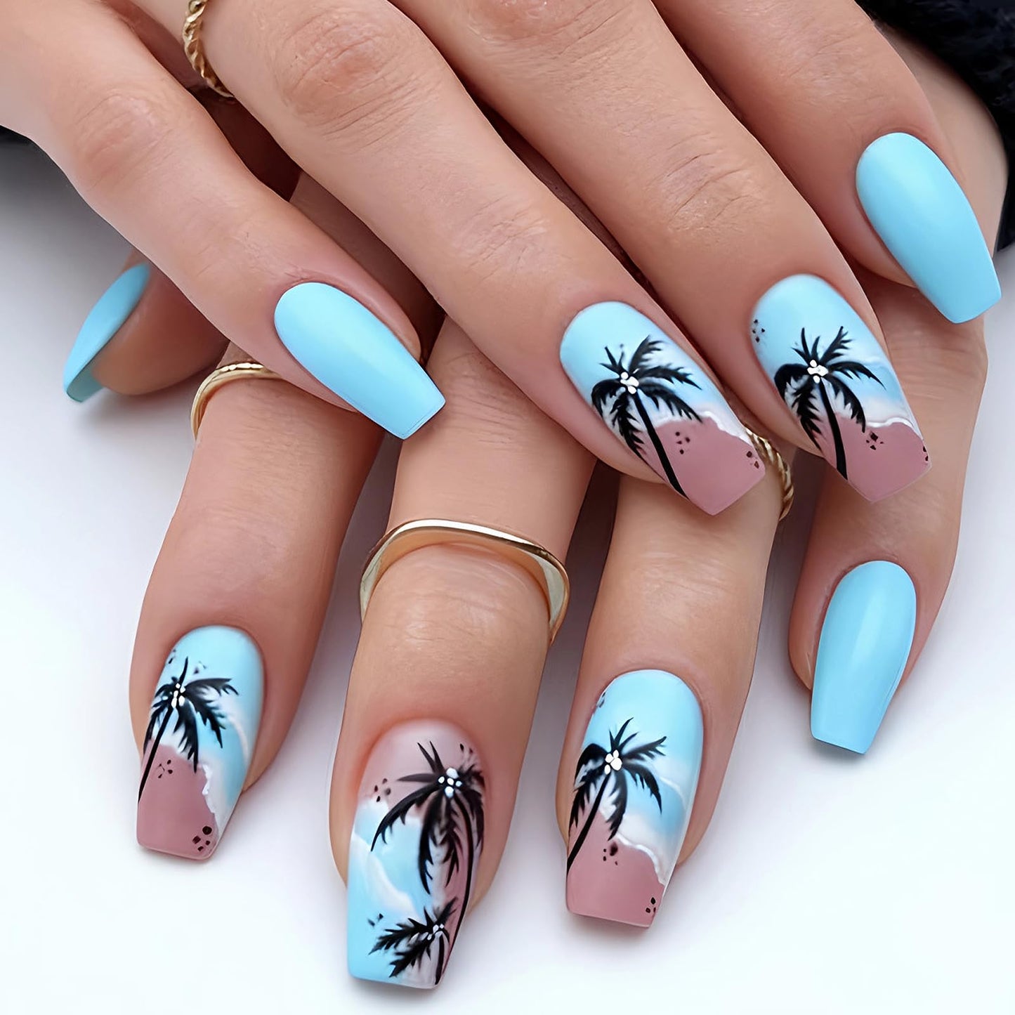 MISUD Press on Nails - Long Coffin Fake Nails with Summer Blue, Acrylic Beach Coconut Tree Design 24 pcs