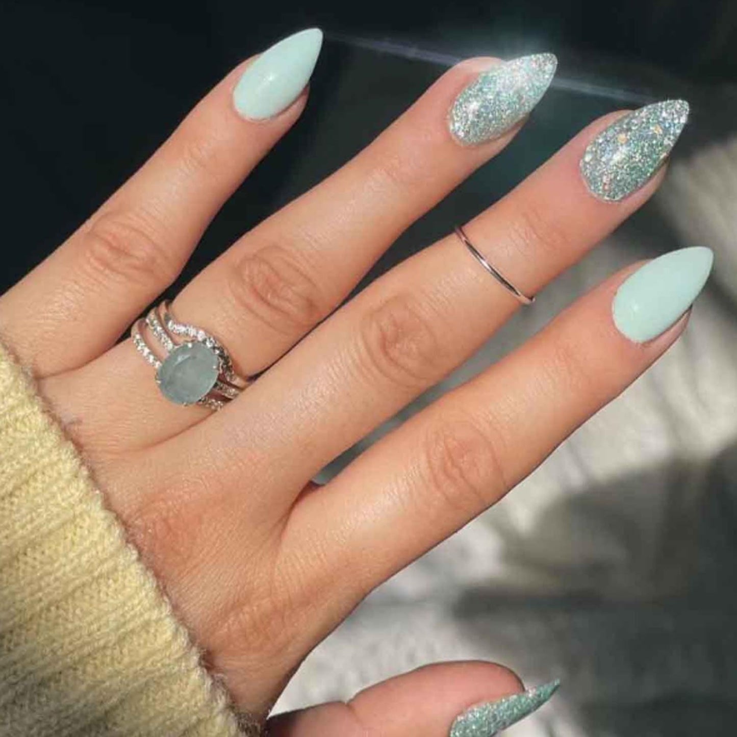 Hkanlre Medium Fake Nails Tips Blue Press on Nails Full Cover Almond False Bling Nails for Women 24PCS