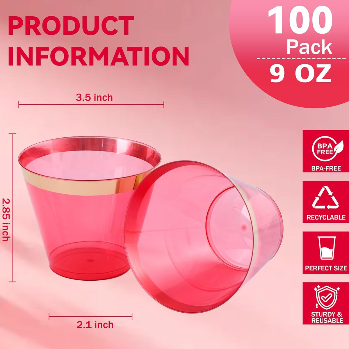 supernal 100 Pcs Red Cups, 9oz Red Plastic Cups with Gold Rim, Plastic Wine Cocktail Glasses Perfect for Party, Wedding and Birthday, Cute Cocktail Party Cup Disposable Wine Glasses