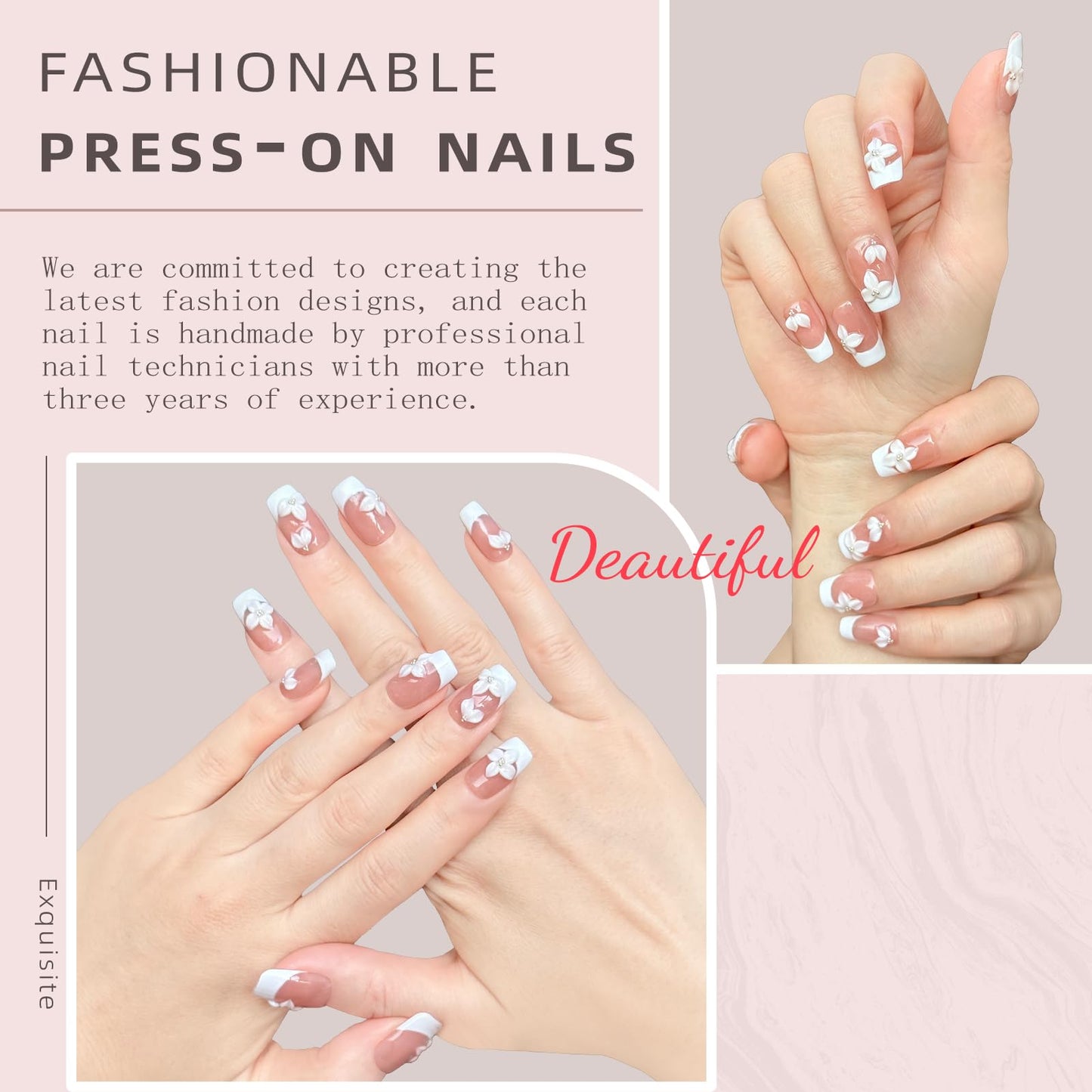 Handmade Press on Nails Short Coffin - French Tip Acrylic Fake Nails with 3D White Flower Designs, Elegant & Simple False Nails, Salon-Quality DIY Nail Art（M-10PCS)