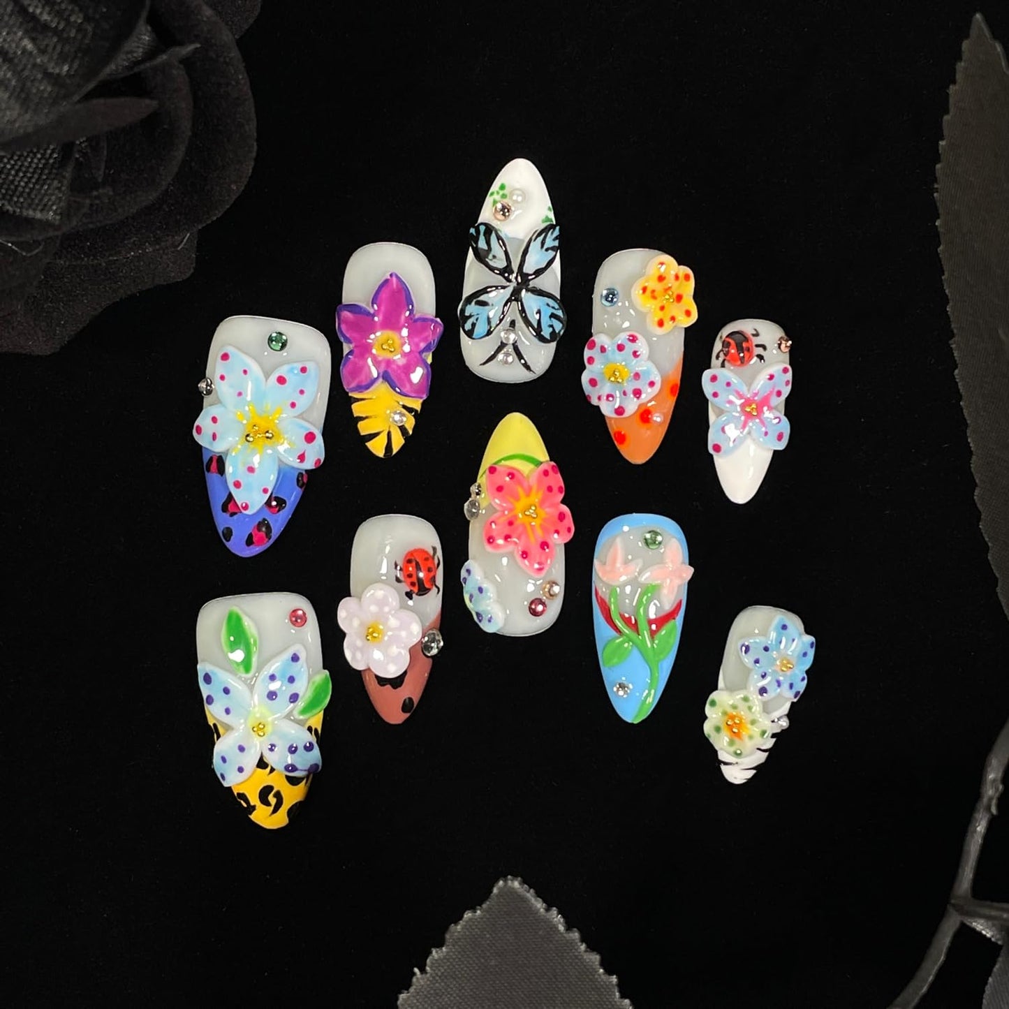 Handmade Press On Nails 3D Floral & Butterfly with Red Ladybug Fake Nails Medium Almond Acrylic Nail Tips Luxury Enchanted Garden Stick on False Nails Dreamy Nails (Garden, S)