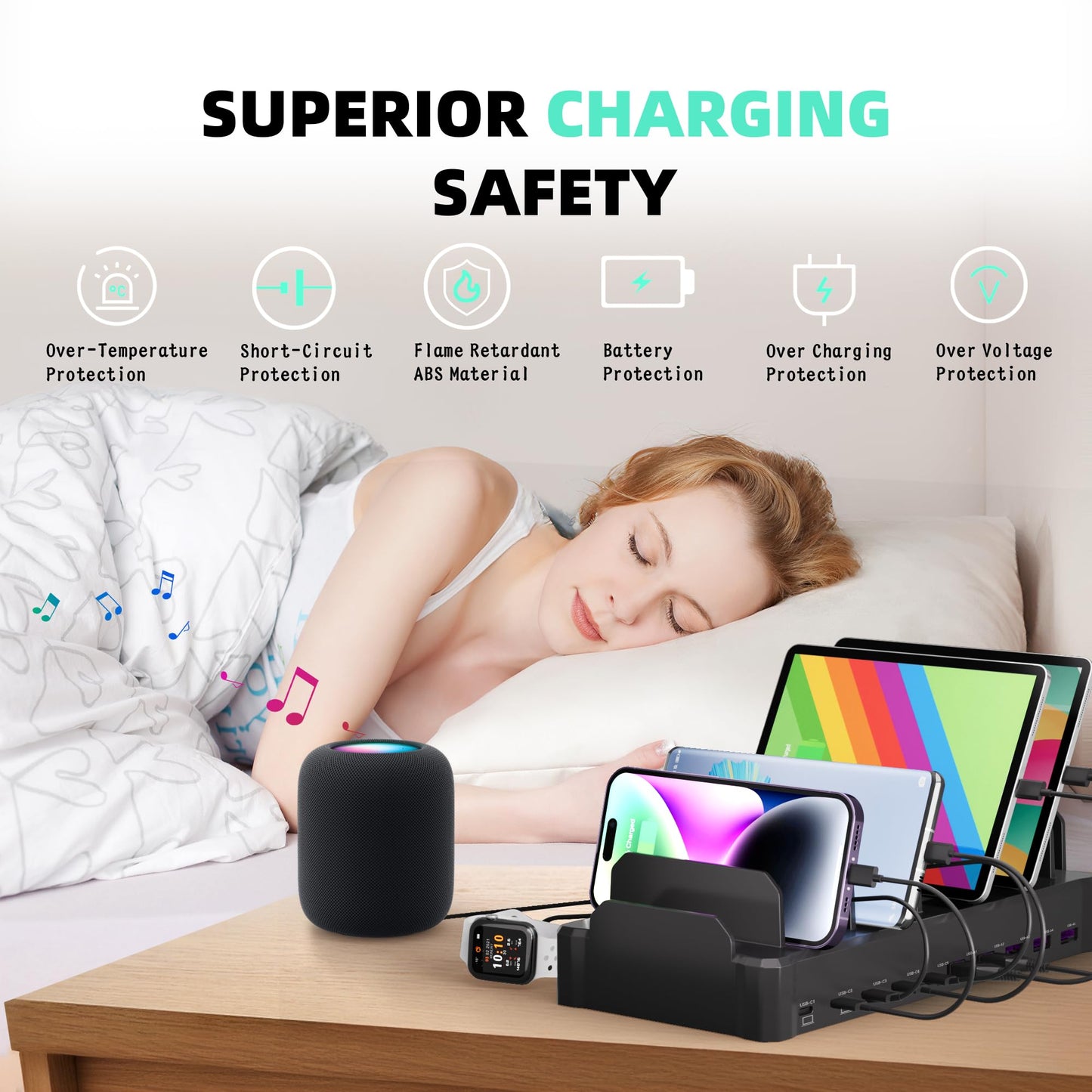 420W Charging Station for Multiple Devices, Zobirez 10-Port USB C Fast Charger Stations for MacBook, iPhone, Android Cell Phone, iPad, Tablet, Family Multi-Device Organizer Charging Dock, Black