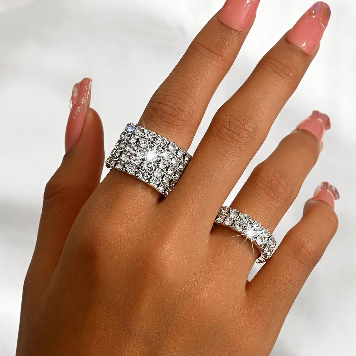 2PCS Rhinestone Stretch Ring for Women Sparkling Gold Silver Black Crystal Knuckle Ring Set Fashion Crystal Stackable Finger Rings Set Elegant Bridal Wedding Stretchy Statement Rings Jewelry (Silver)