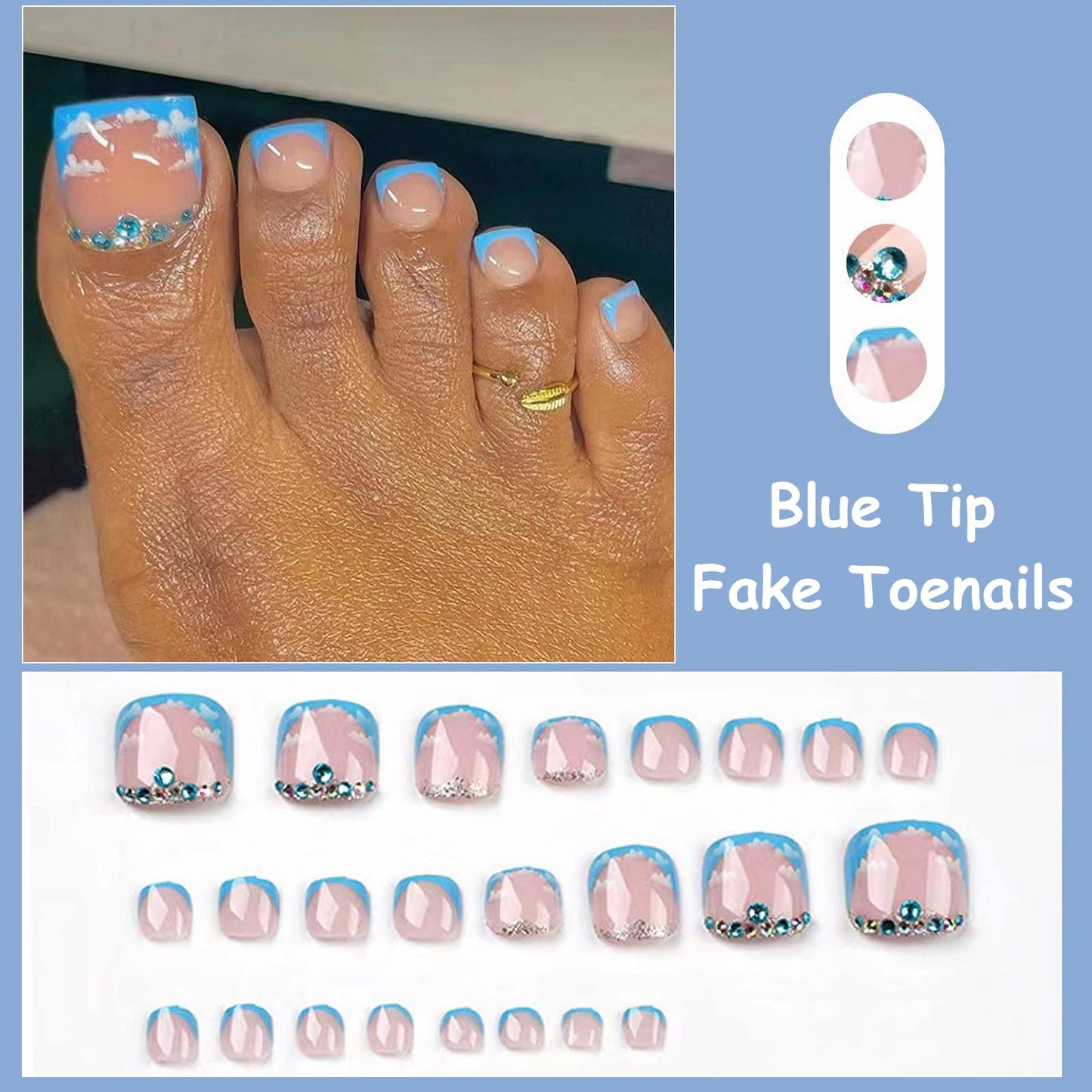 MISUD Press on Nails - Toe Glue on Nails with Blue French Tip, Acrylic Toenails Rhinestone Design 24 pcs