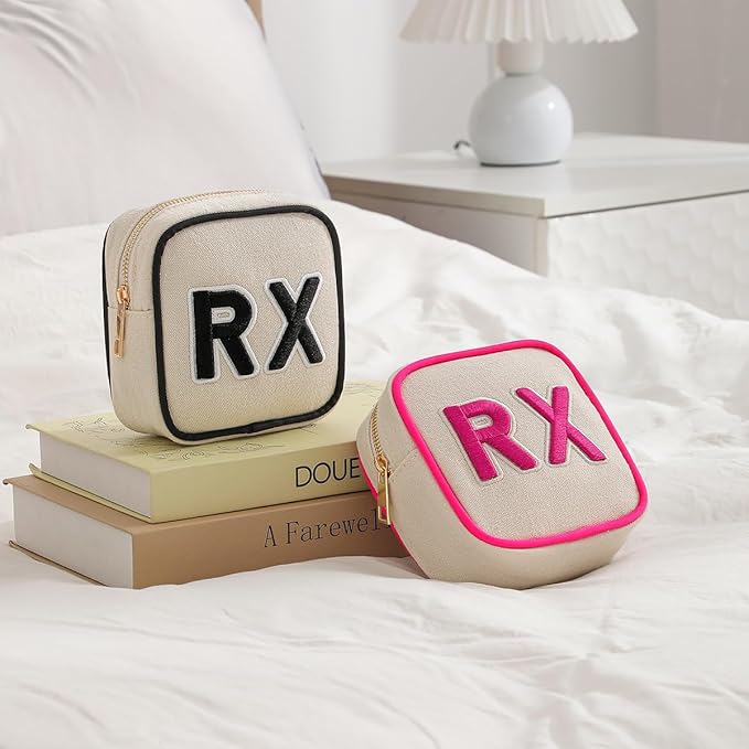Small Canvas Rx Medicine Packages, Cute Chenille Letter Patch Drug Makeup Bag with Metal Zipper, Mini Travel First Aid Purse Organizer Machine Washable (02Hot Pink)