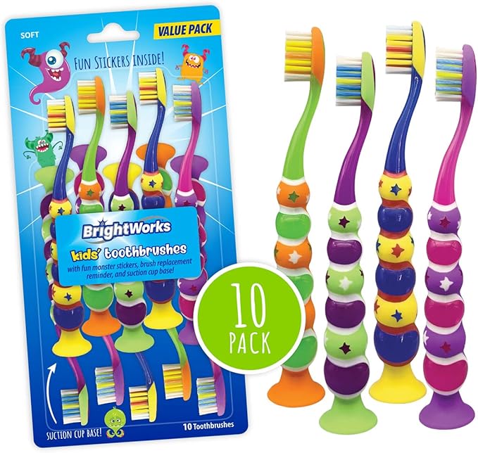 BrightWorks Kids’ Suction Cup Toothbrushes (10-Pack), Soft Bristles, with Bonus Fun Monster Stickers. Children’s Size, Vibrant, Multiple Colors.