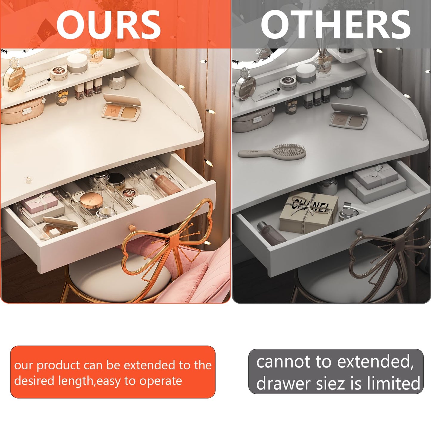 REBECAT 4 Pcs Expandable Clear Drawer Organizers, Adjustable Drawer Organizer Bins with Dividers, makeup organizer for drawer, drawer organizer bathroom for Vanity, Junk Drawer & Office