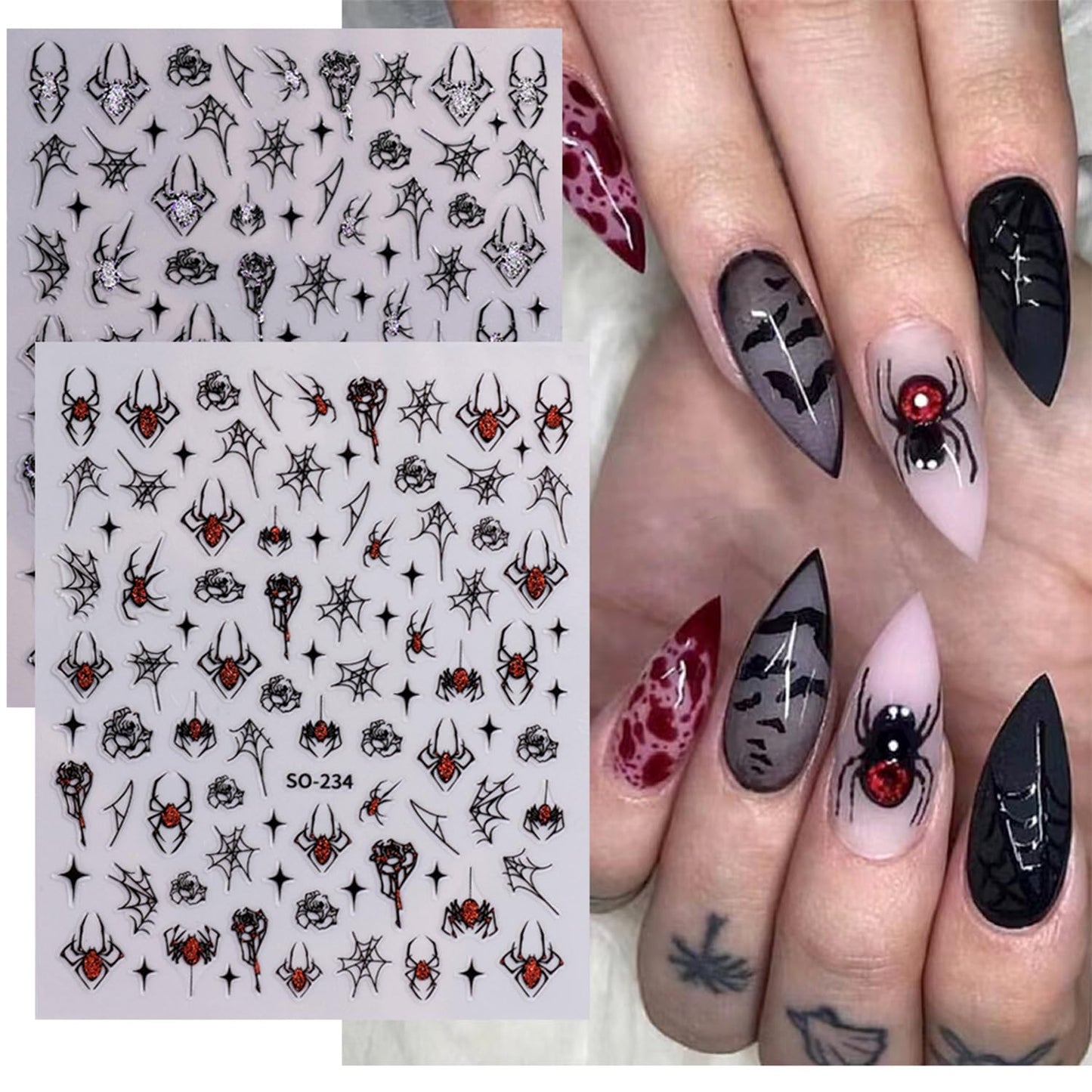 6 Sheets Halloween Nail Art Stickers Decals 3D Self-Adhesive Spider Web Nail Stickers Spider Ghost Pumpkin Red Blood Lips Designs Halloween Nail Decals Supplies for Women Nail Art Decorations Charms