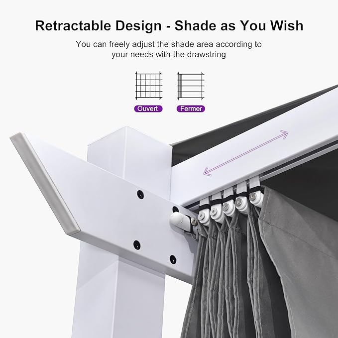 PURPLE LEAF Outdoor Retractable Pergola with Curtains 10' x 10' White Patio Aluminum Pergola with Sun Shade Canopy for Backyard Deck Garden Modern Metal Pergola, Gray