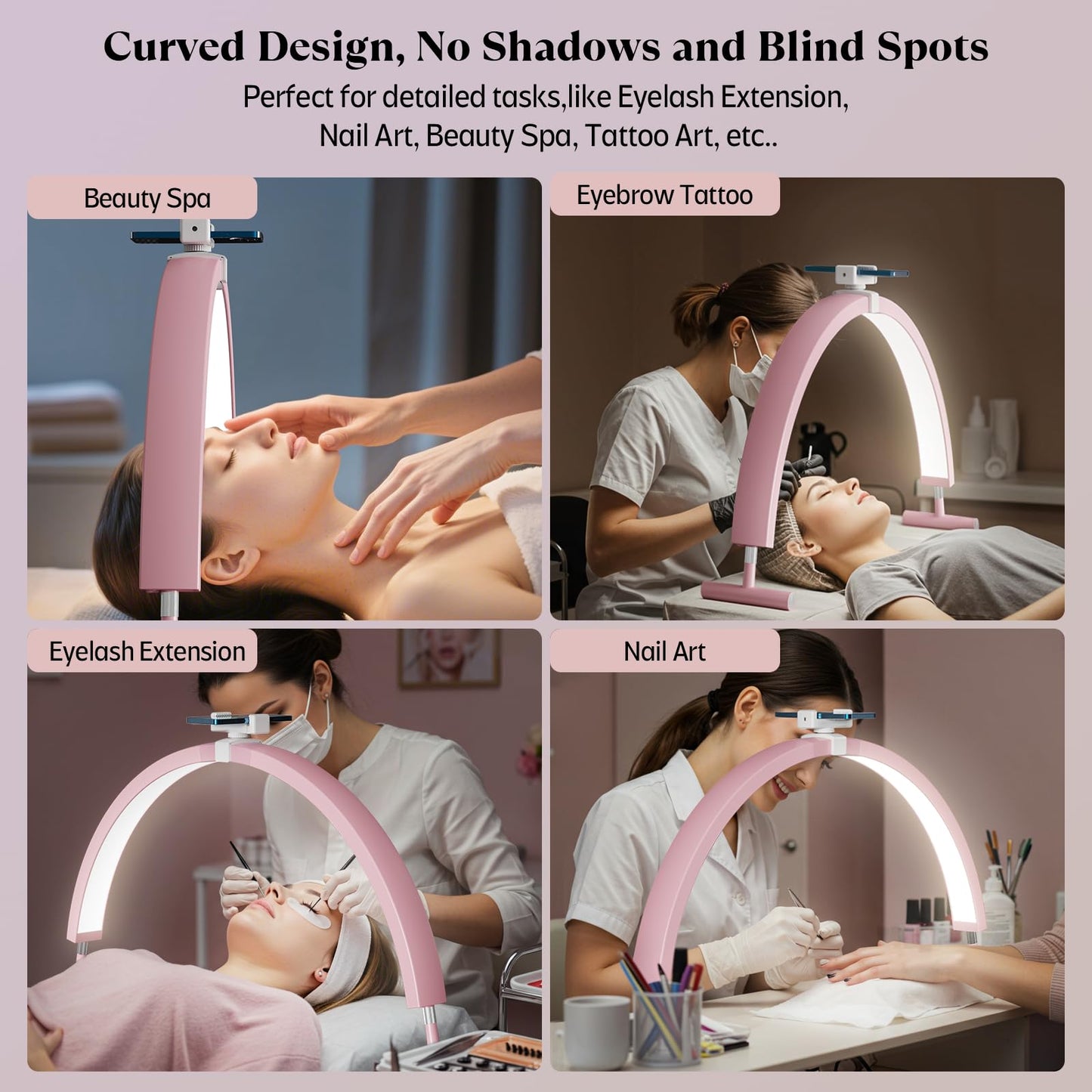 Mznoo Half Moon Light for Nail Desk, 30'' Large Half Moon Desk Lamp with Phone Holder, Professional Nail Tech Light with 3 Color Modes and 5 Brightness for Manicure Salon and Handicraft (Pink)