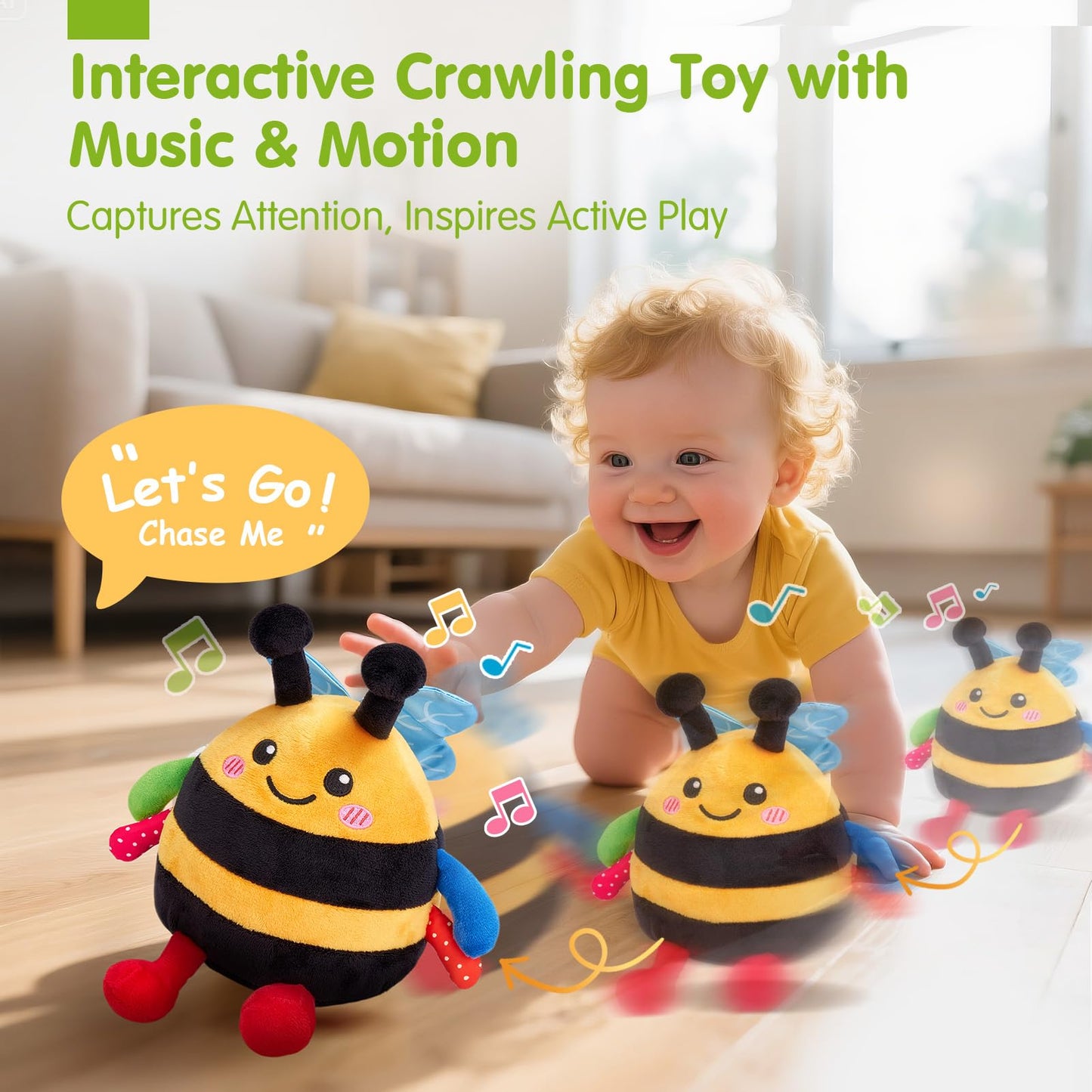 hahaland Baby Toy for 6 + 12 18 Months – Crawling Musical Dancing Bouncing Learning Bee Plush, Interactive Tummy Time Toy for 1 2 3 Year Old Boys Girls Baby Easter Basket Stuffers