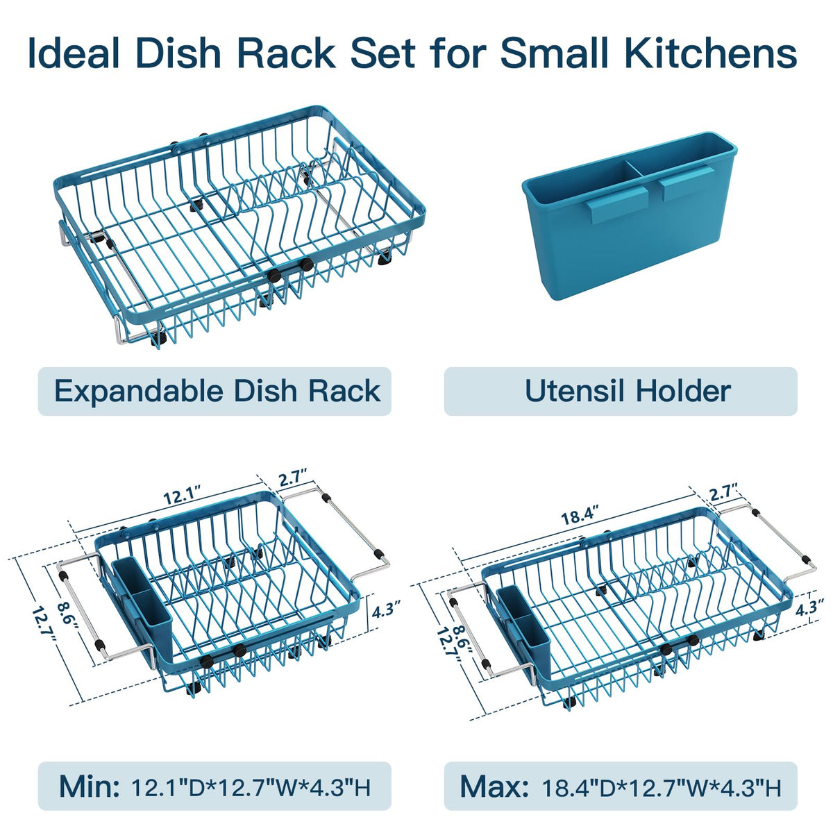Blue Dish Drying Rack Over The Sink with Utensil Holder