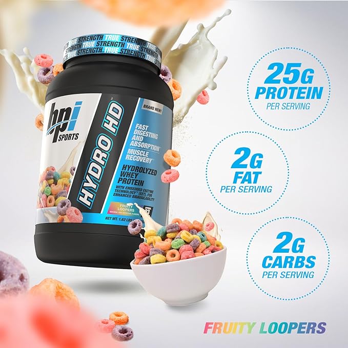 BPI Sports Hydro HD - 100% Hydrolyzed Whey Protein Powder - Muscle Growth, Recovery, 25g of Protein, Low Carb, Low Sugar, Fast Absorbing (23 Servings, Fruity Loopers)