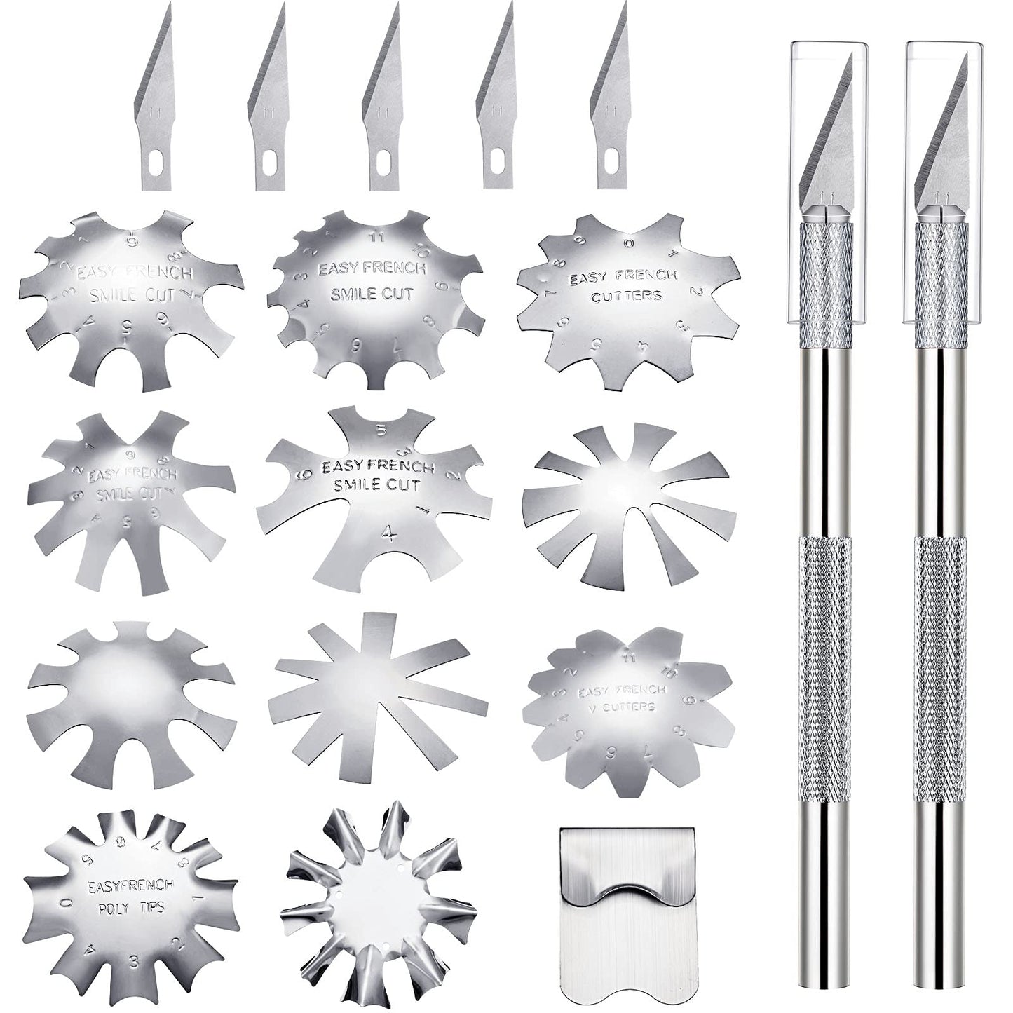 Honoson 12 Pcs French Nail Tip Cutter Tool Kit French Tip Cutters Smile Line Cutter Trimmer Manicure Edge DIY Plate Module with 2 Cutting Knife 5 Spare Blade for Acrylic Nail(Silver)