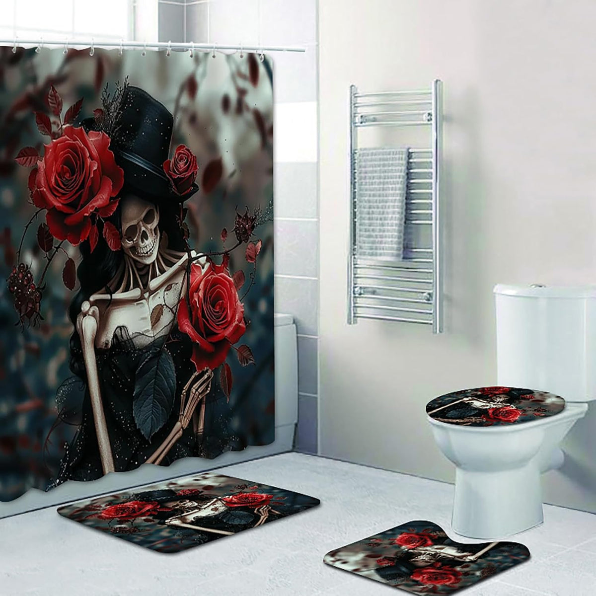 NEWSUYAA Halloween Decorations Shower Curtain Set with Non-Slip Rugs and Bath Mats,Black Skull Skeleton Bathtub Curtains with 12 Hooks,All Saints'Day (Nov 1st) Bathroom Decor