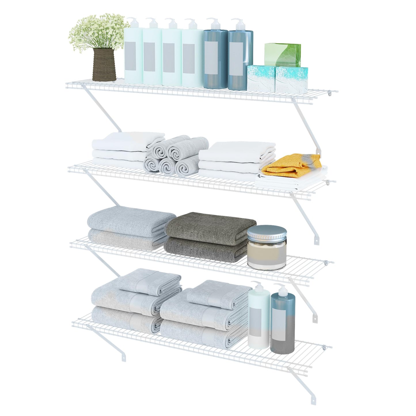 PROWORX Closet Shelves Wall Mounted, 4 Pack 4 ft x 12 in White Wire Shelving Kit, Metal Wall Shelf Organizer for Home, Pantry, Laundry Room Storage
