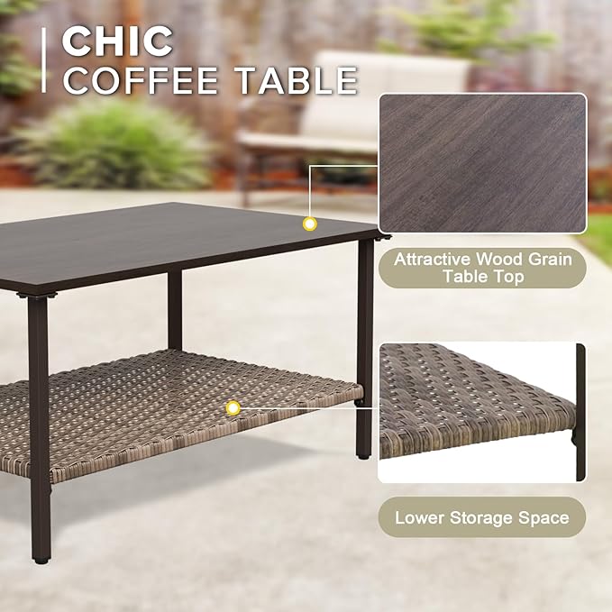 COOS BAY Aurora Terrace Half-Moon Outdoor Furniture Set, Rattan Conversation Set with Patio Chairs, Curved 4-Seat Sofa, Coffee Table & Side Table, Seats 6, Beige/Blue