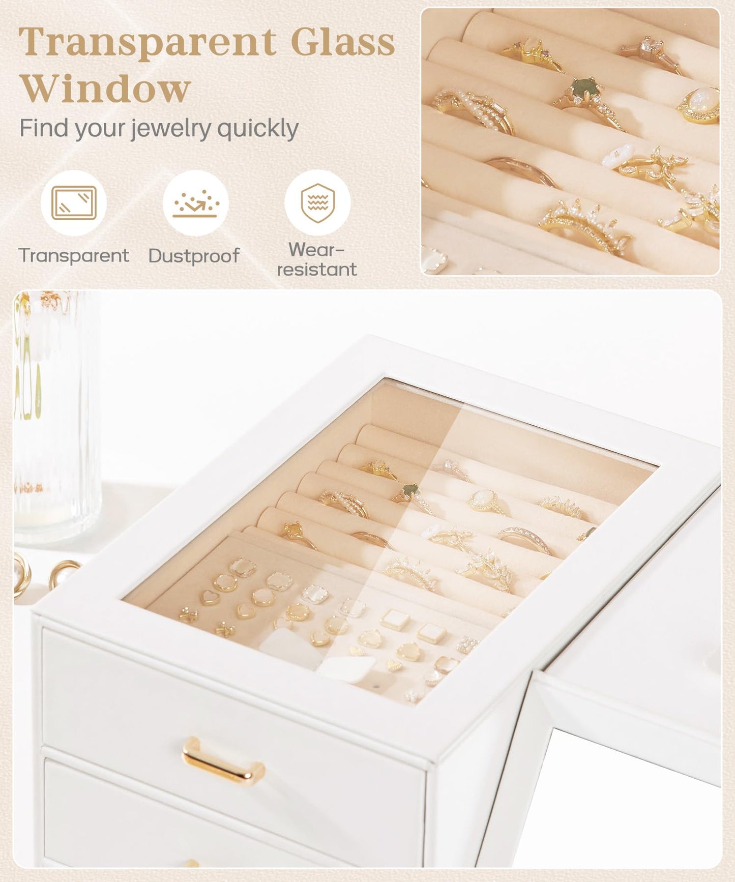 Homde Women Mirror Jewelry Box: Organizer Case with Clear Lid for Ring Necklace Earring - Gift for Young Women (White)
