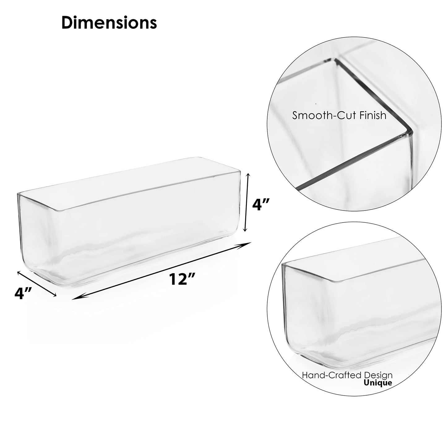 CYS Excel Glass Rectangle Vase (H:4" Open:12"x4") Oblong Flower Vase for Decorative Wedding Centerpiece Terrarium Planter Box Container