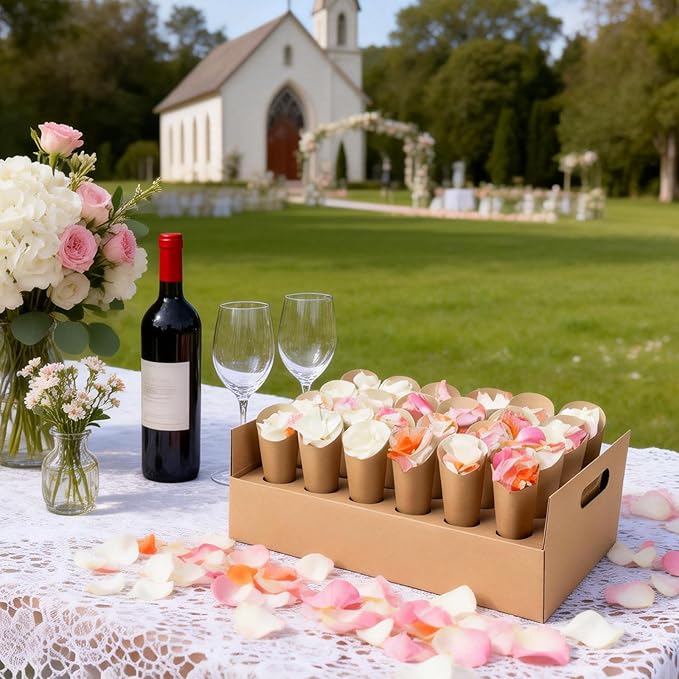 Wedding Confetti Cone Stand Box with Dried Rose Flowers(6 Litres), Includes 2 Biodegradable Cardboard Party Confetti Cone Holder of 24 Holes Each with 48 Cone Papers, Confetti Gift Box for Decoration