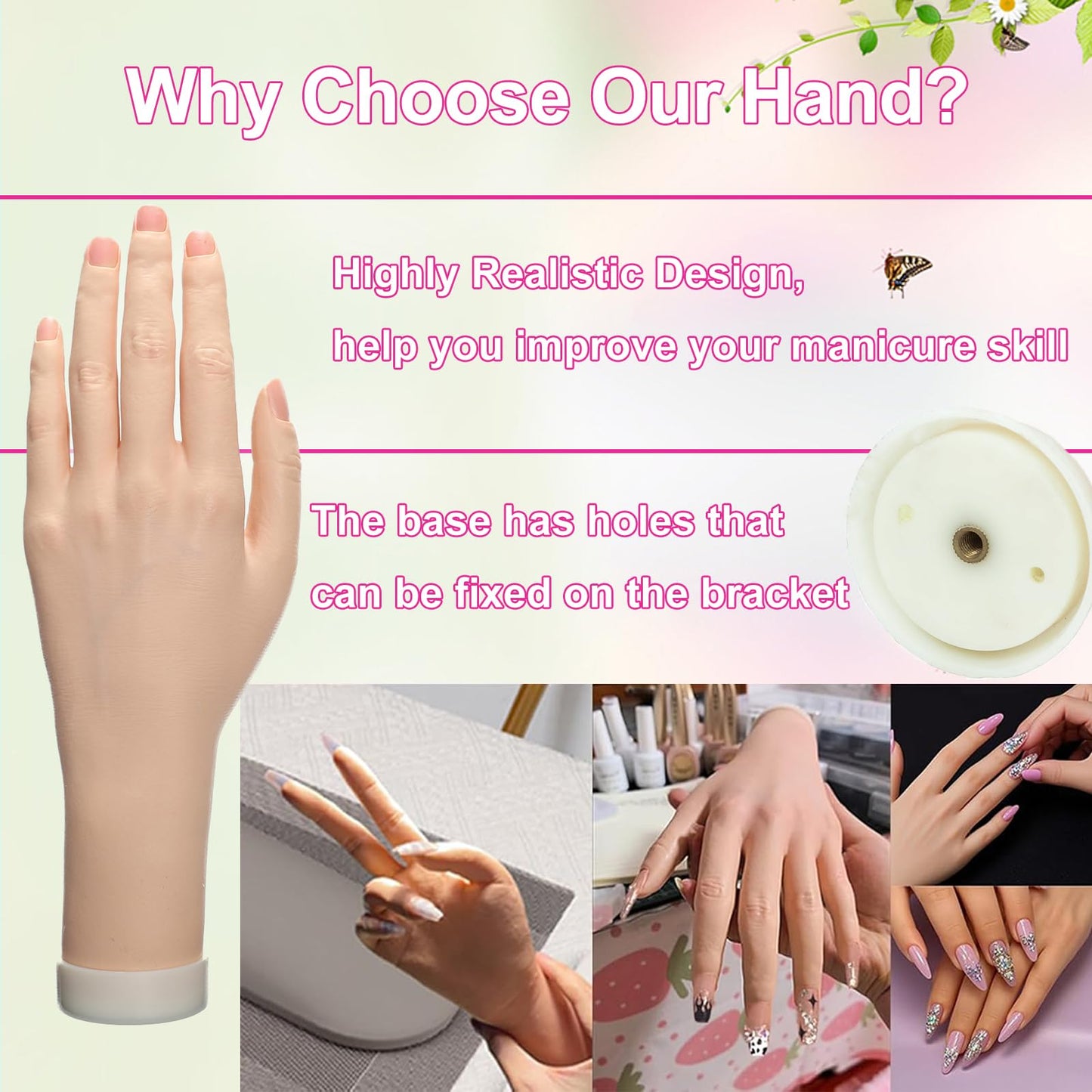 Practice Hand for Acrylic Nails Realistic Mannequin Hand for Nails Practice Soft Flexible Bendable False Fake Nail Hand Art Trainer Manicure Practice Hand Tool and Rings Display of Bracelets (Left)