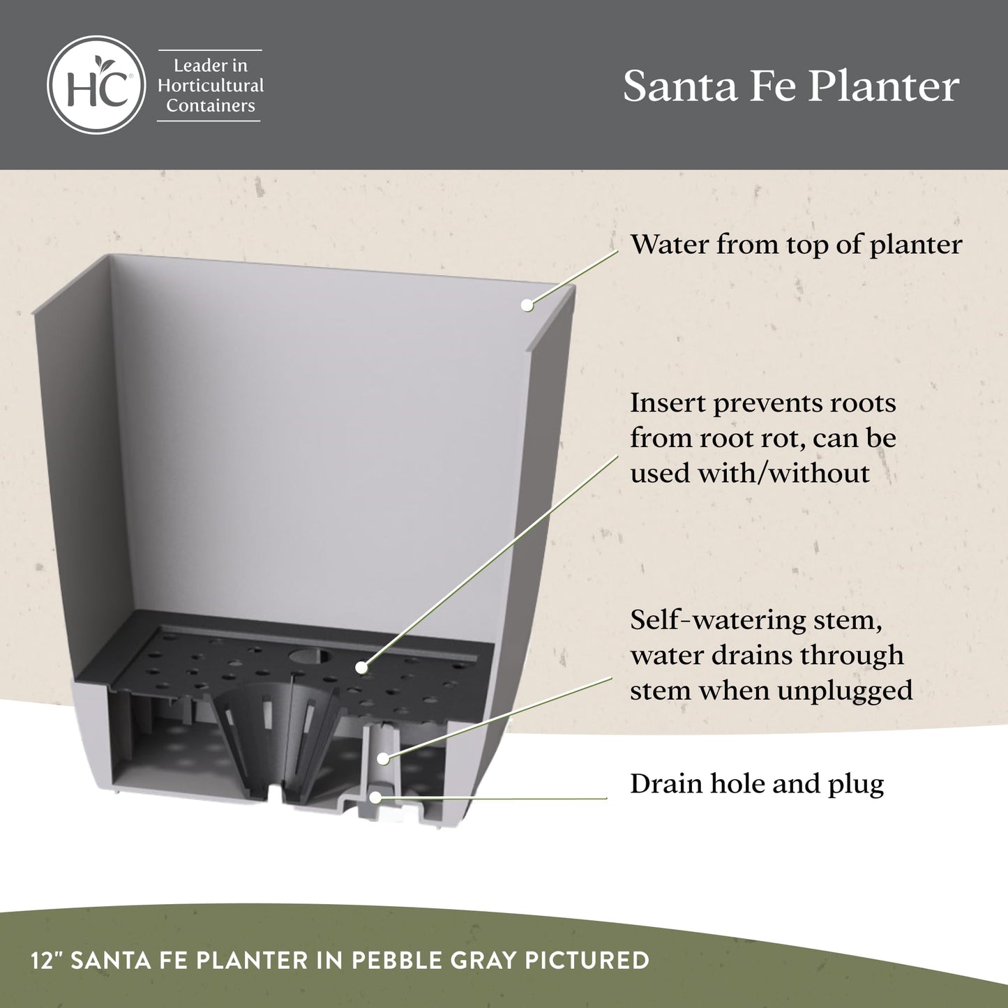 The HC Companies Santa Fe Square Self-Watering Pot - Lightweight Plastic Planter for Herbs & More - Durable Plant Pots for Indoor Plants & Outdoor Plants (12" Pebble Gray, Pack 1)
