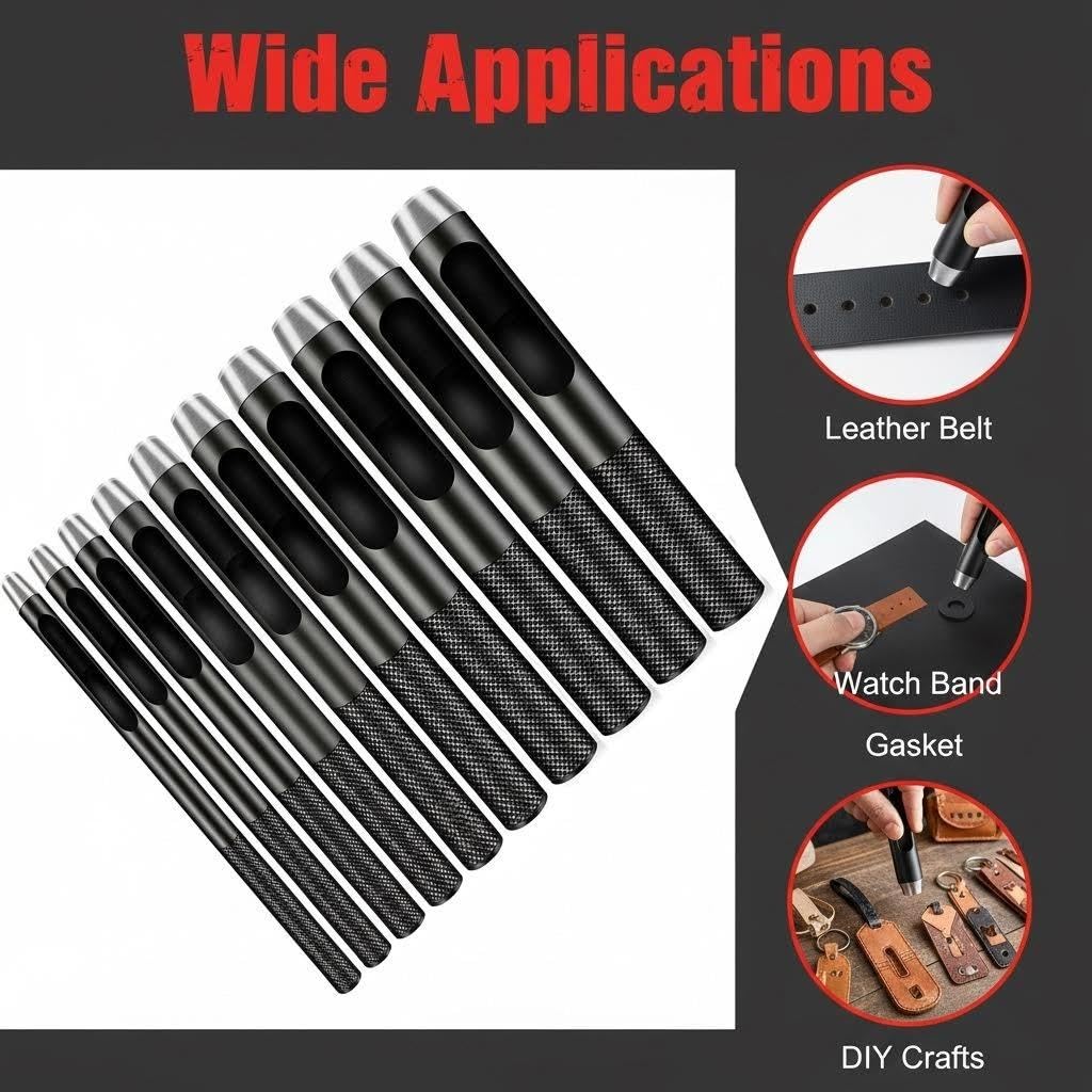 IRISFLY 10pcs Round Steel Leather Craft Hollow Hole Punch 1mm to 10mm for Leather Belt Watch Band Gasket