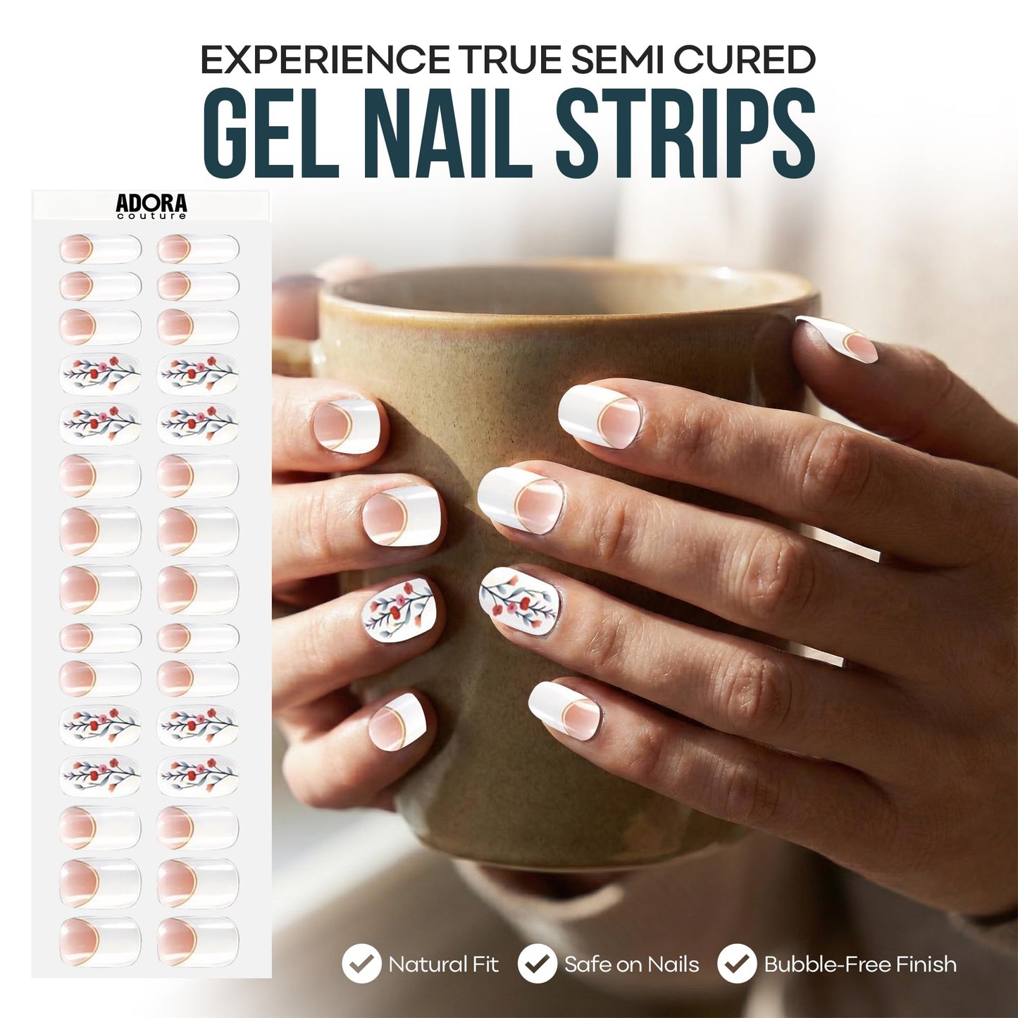 Adora Couture Semi Cured Gel Nail Strips with 30 Pieces - UV Gel Stickers, Manicure Kit, Easy Application Wraps Includes Prep Pads, Nail File, Wooden Stick - UV Light Required (White Botanical)