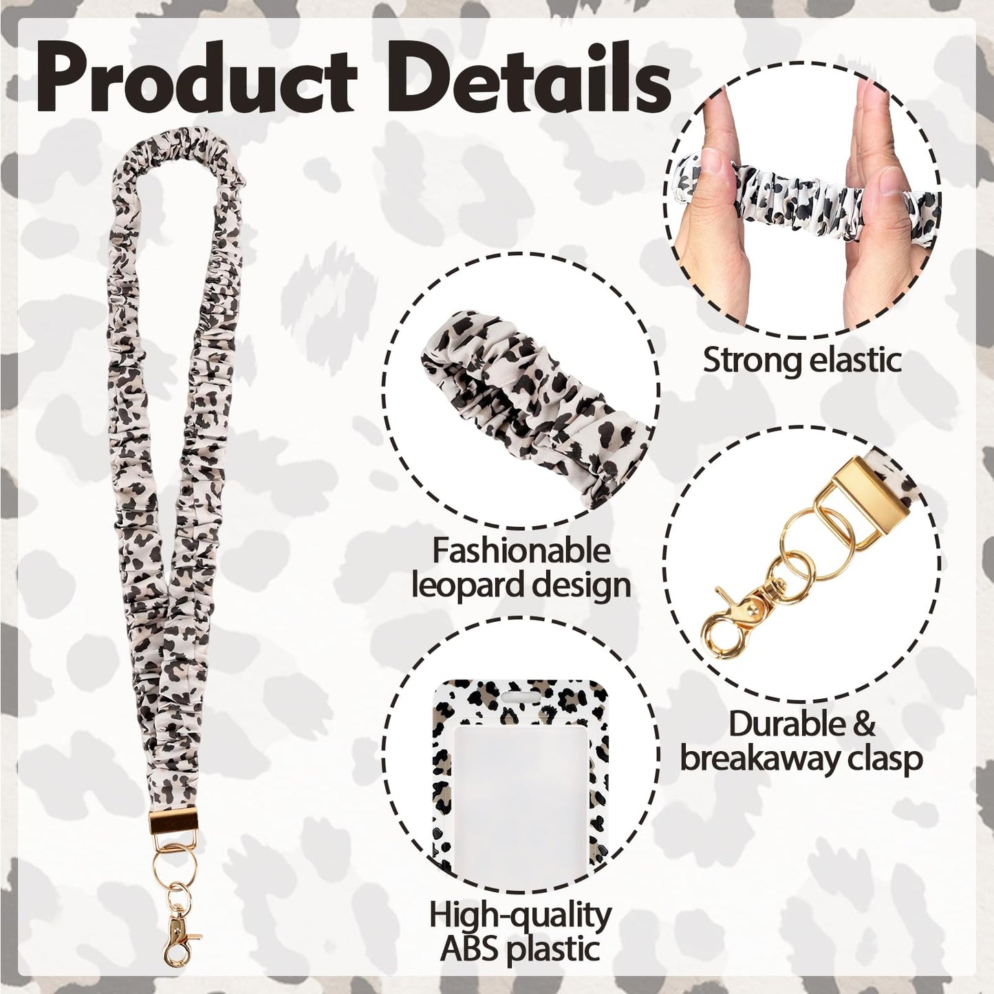 Scrunchie Lanyard Breakaway with ID Badge Holder - Leopard Style Stretchy Lanyards with ID Badges and Key Rings Set, Ideal for Mother's Day, Birthday, Workers Teachers Nurse Gifts