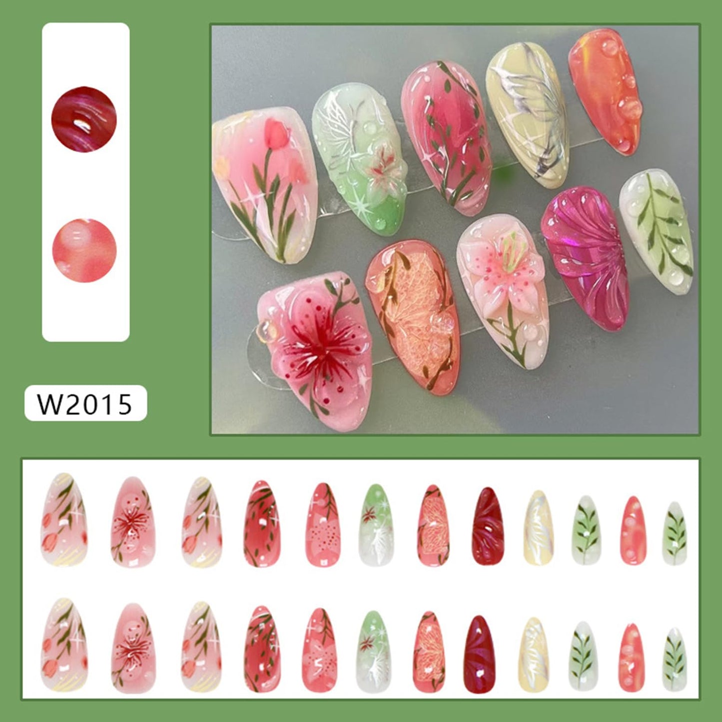 CJDLTS Colorful Flower Press on Nails Medium Almond Artificial Acrylic Nail 3D Blush Floral with Bubble Design Stick on Nails Full Cover Reusable Coffin Glue on Nail Artificial Fingernails for Women