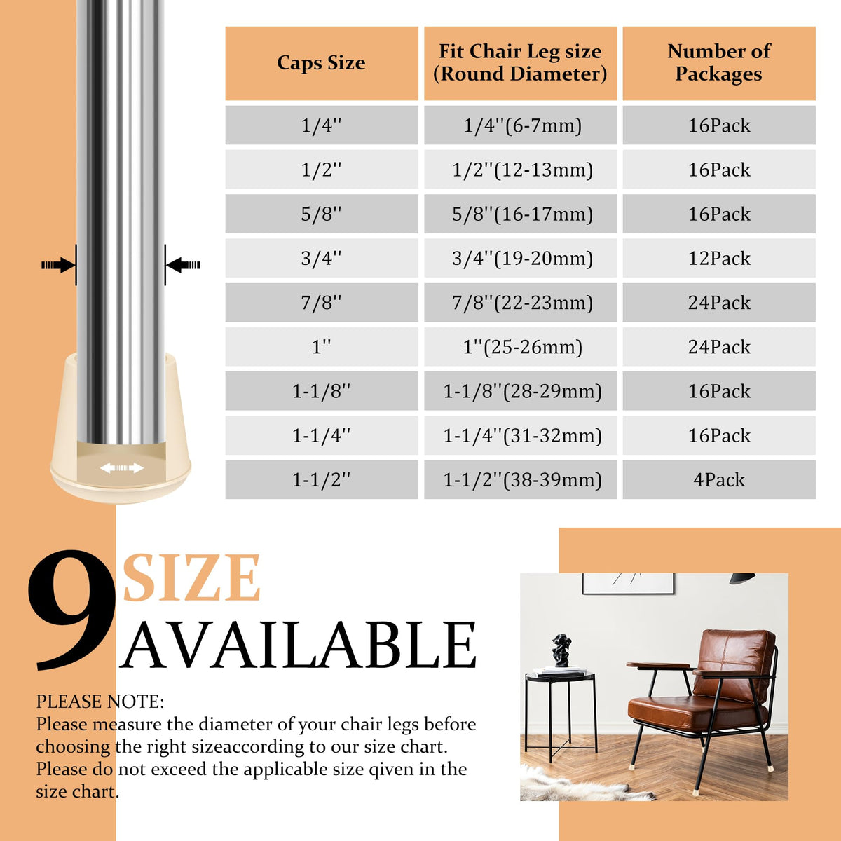 1" Round Rubber Chair Leg Tips Caps (12 Count)