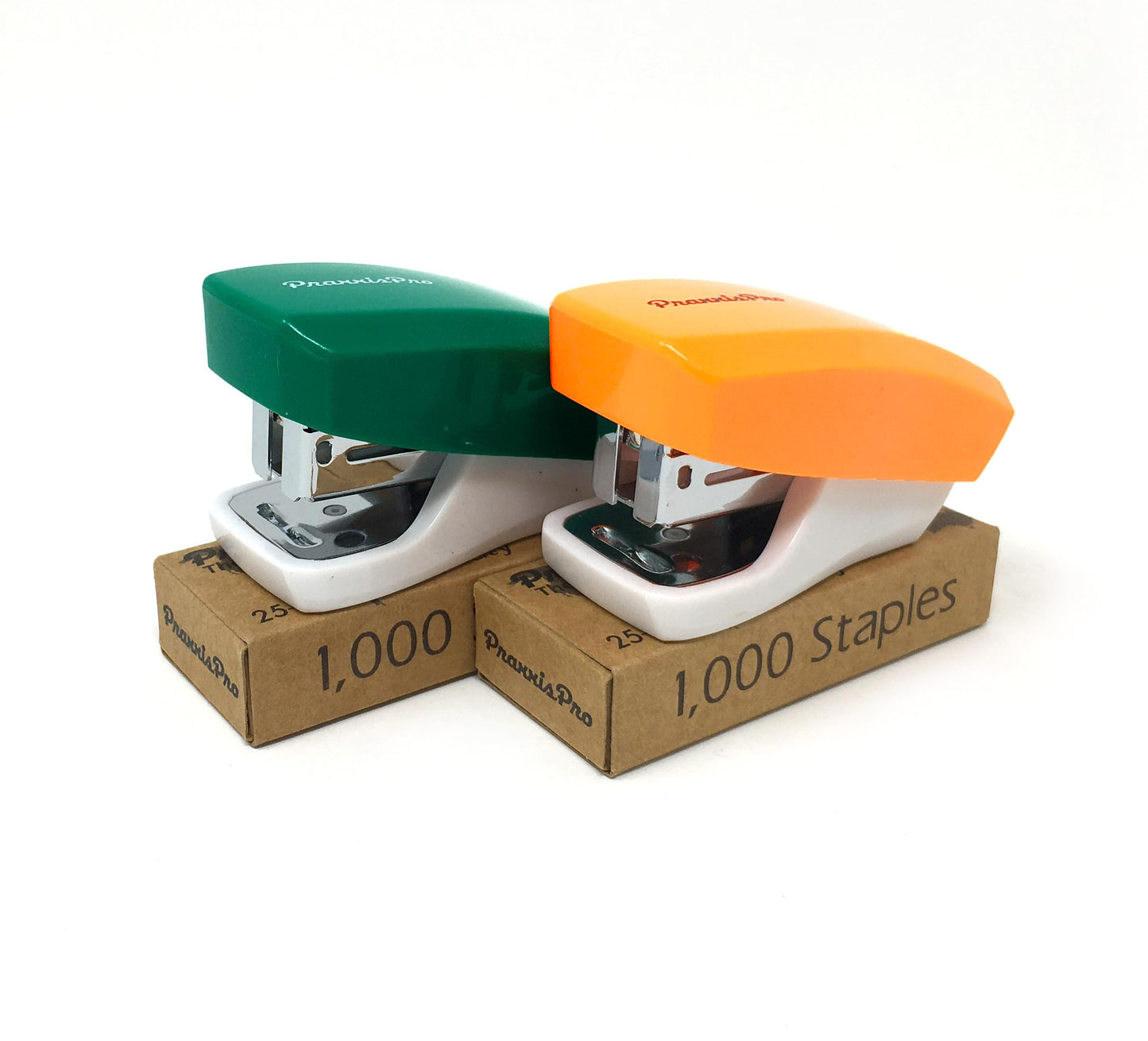 Aria Premium Mini Stapler Set by PraxxisPro - with Built-in Staple Removers, 2000 Standard Staples Included - for Office, School, and Travel, Set of 2, Orange & Green