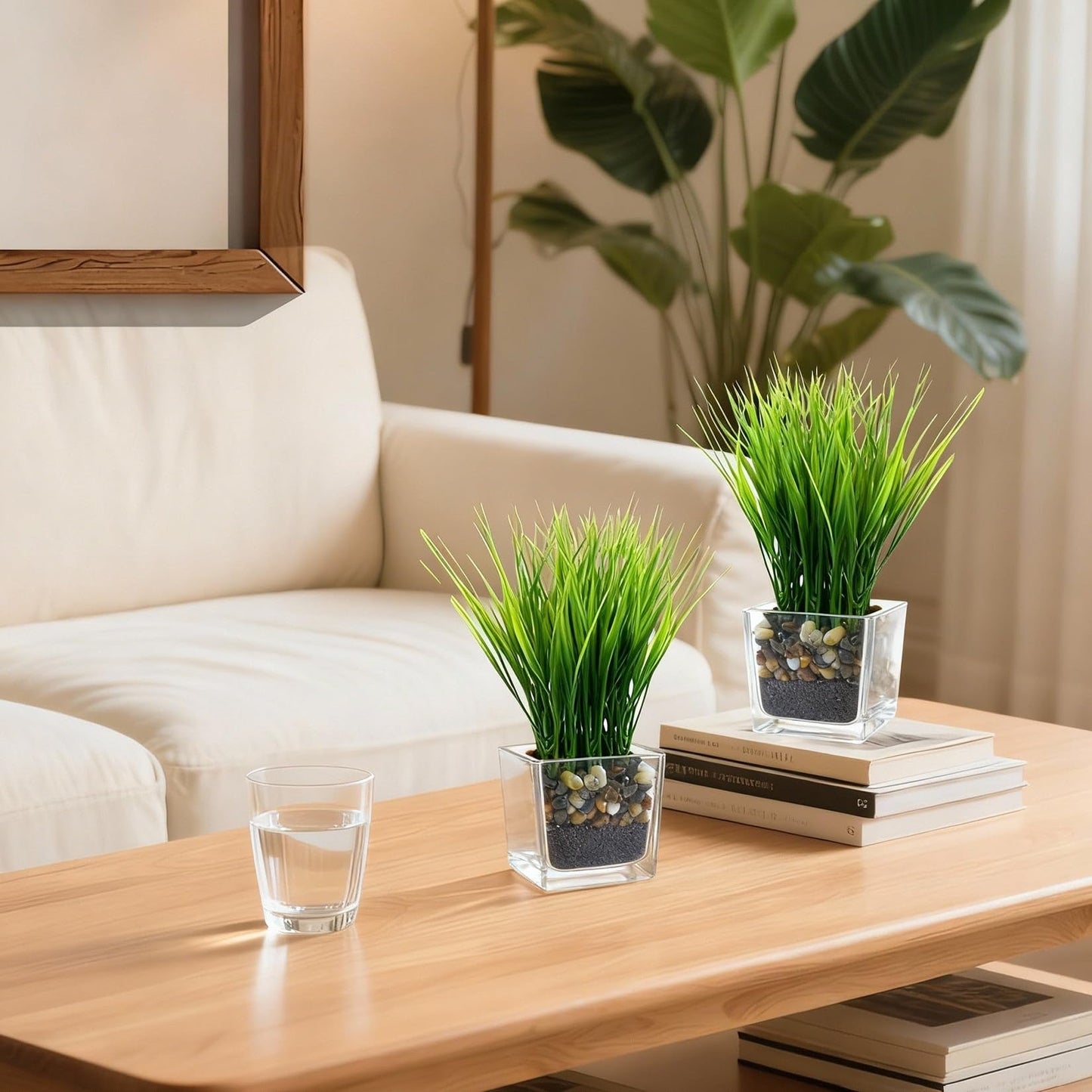 PeacefulHues 3-Pack Artificial Grass in Glass Planters, Small Faux Greenery for Desks, Shelves & Indoor Spaces, Modern Tabletop Decorative Plants (3×3×8.7 in)