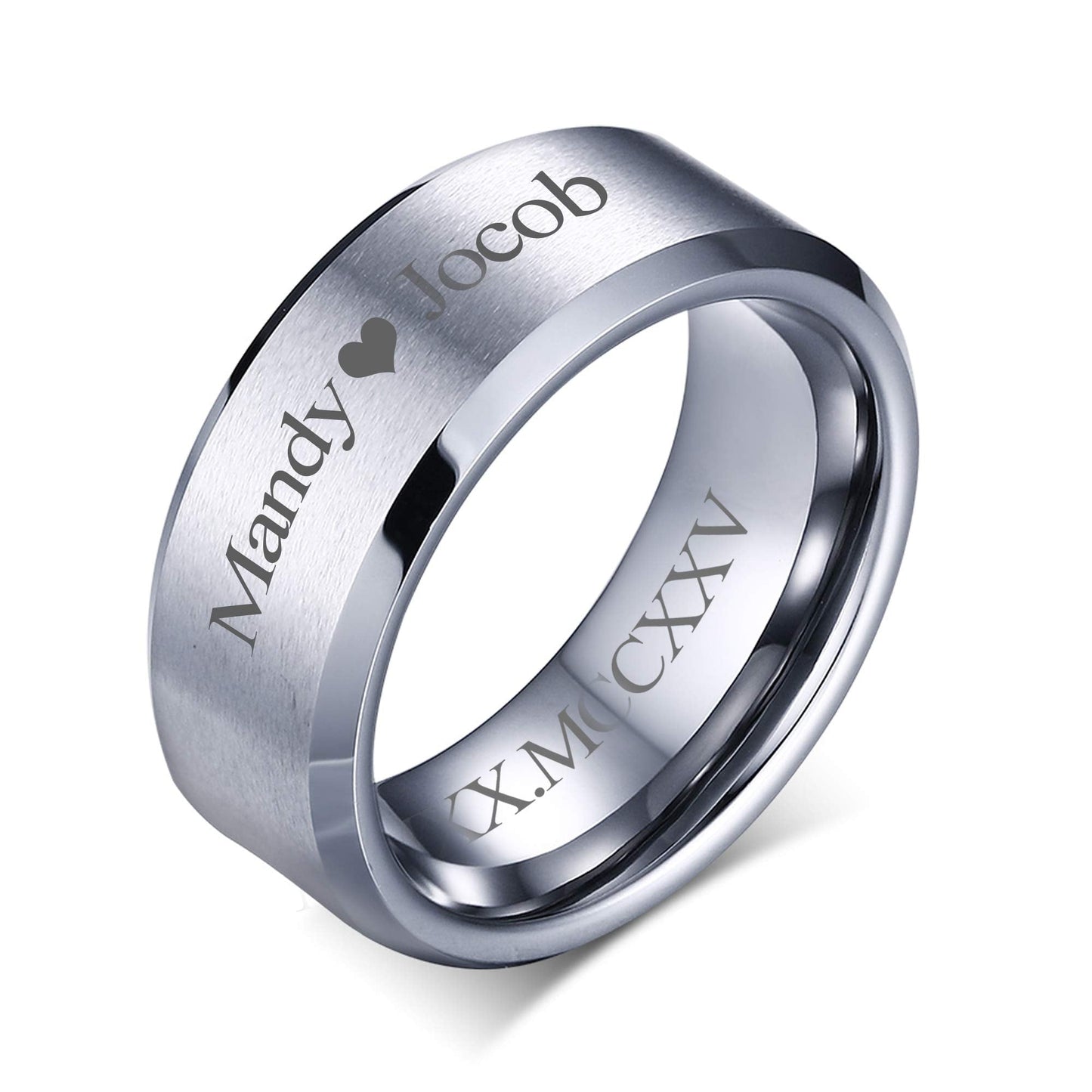 VNOX Customize Personalized Name Date LOVE 8MM Stainless Steel Simple Matte Brushed Finish Wedding Band Engagement Rings for Men Women,Size 10,Silver