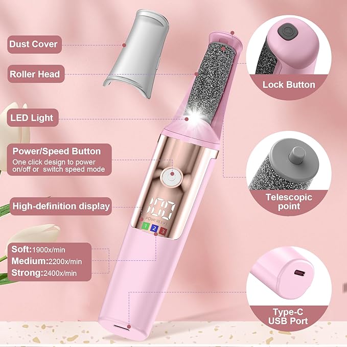 Callus Remover for Feet Rechargeable, Smooth Pedicure Wand Electric Foot File, Professional Pedicure Tools Kits Foot Scrubber for Smoother Feet Ideal Gift, Pedicure Kit Feet Care for Dead Dry Skin