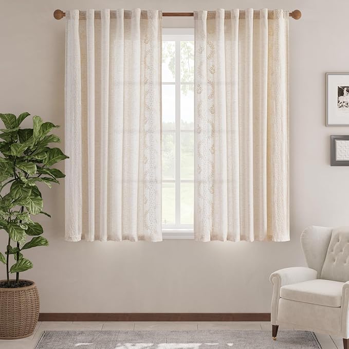 jinchan Belrose Linen Curtains for Bedroom Floral Curtains 63 Inch Length Linen Blend Ivory Embroidered Drapes Farmhouse Flower Patterned Drapes for Living Room Window Treatments Set 2 Panels