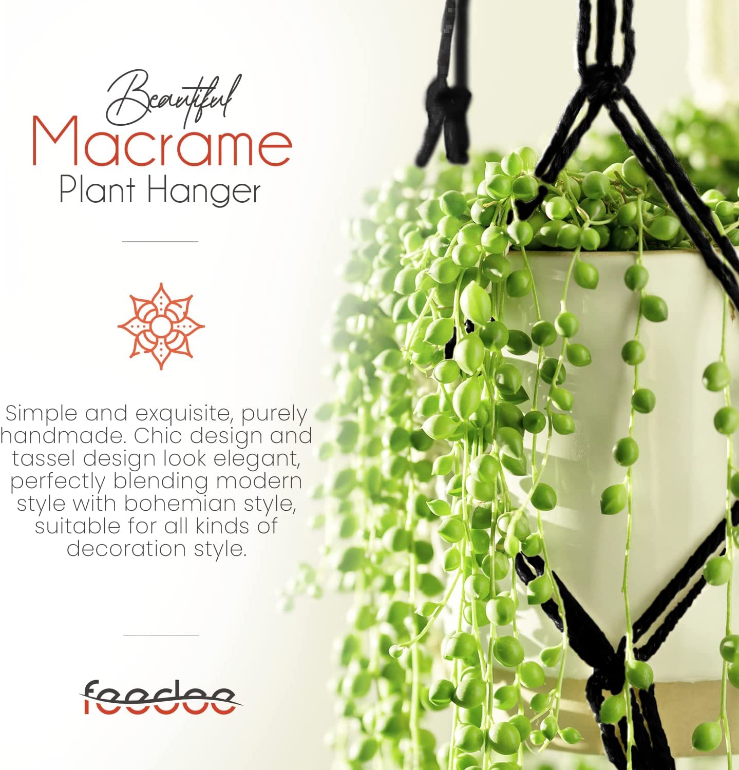 Feedee Macrame Plant Hangers - 6 Pack, Black, Indoor/Outdoor, Cotton
