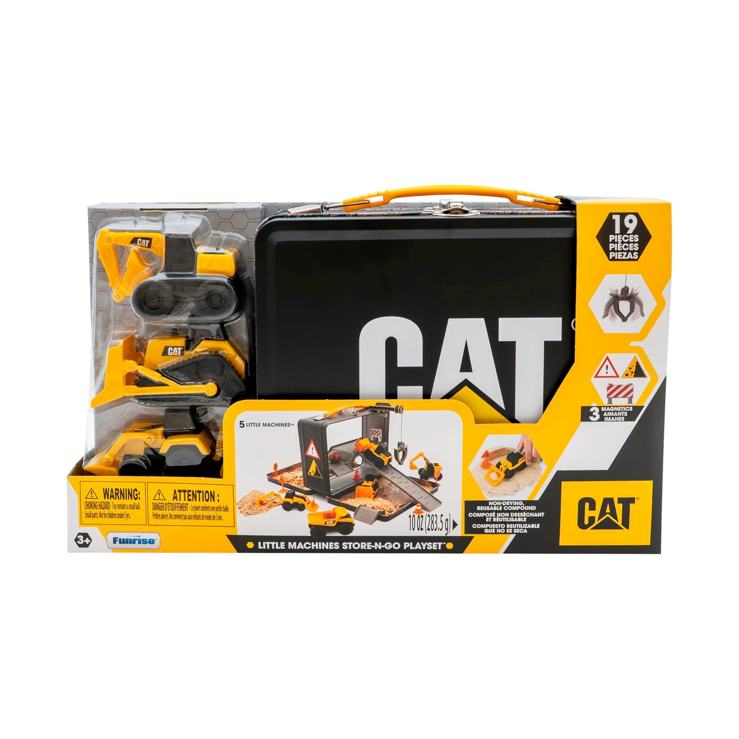 CAT Construction Toys, Store N Go Playset - Tin Travel Case Transforms into Multi-Level Worksite, Includes 2 Little Machines Vehicles & 10 + Accessories, Portable STEM Toy for Kids Ages 3 +