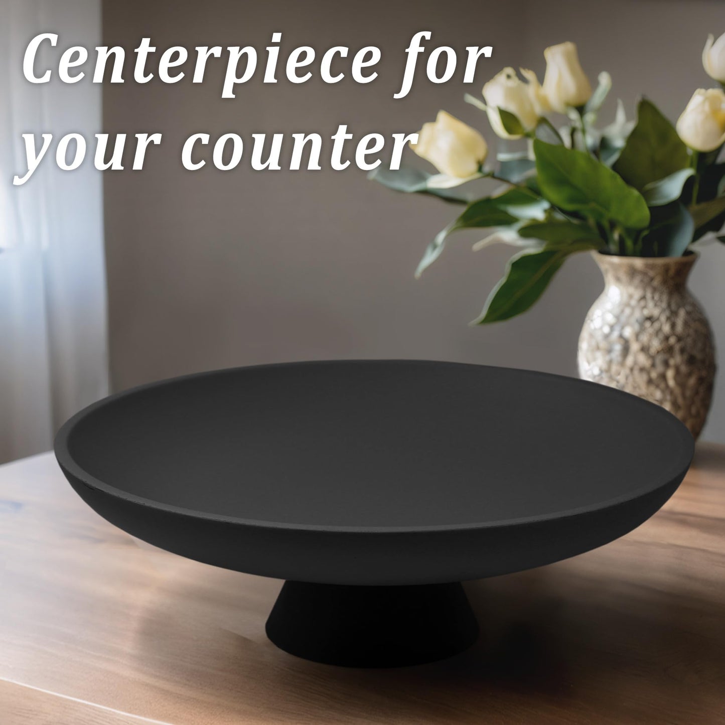 LIN CHUAN Large Decorative Bowl, Modern Resin Pedestal Bowl for Home Decor, Stylish Fruit Bowl for Kitchen Counter, Chic Key Holder for Entry Table, Matte Black