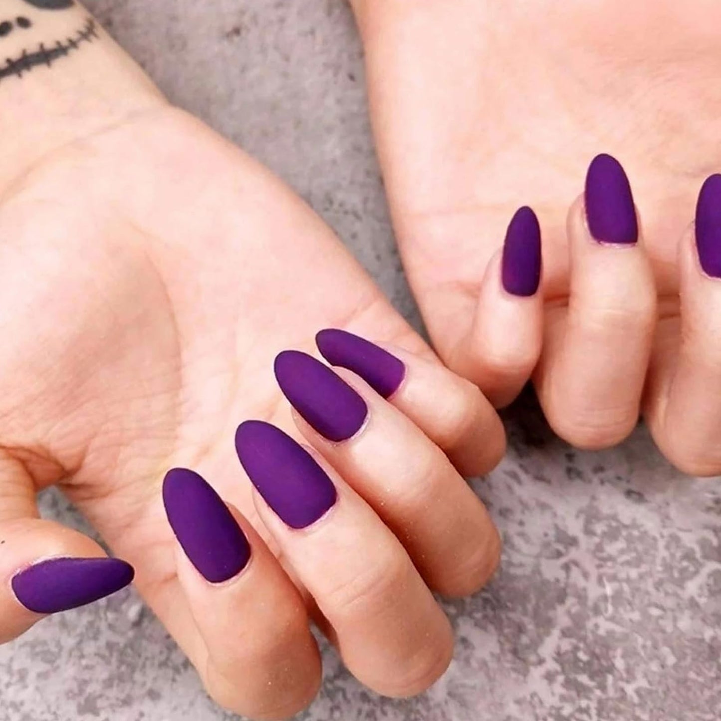 MISUD Press on Nails - Medium Stiletto Glue on Nails with Goth Purple, Acrylic Matte Gothic Design 24pcs