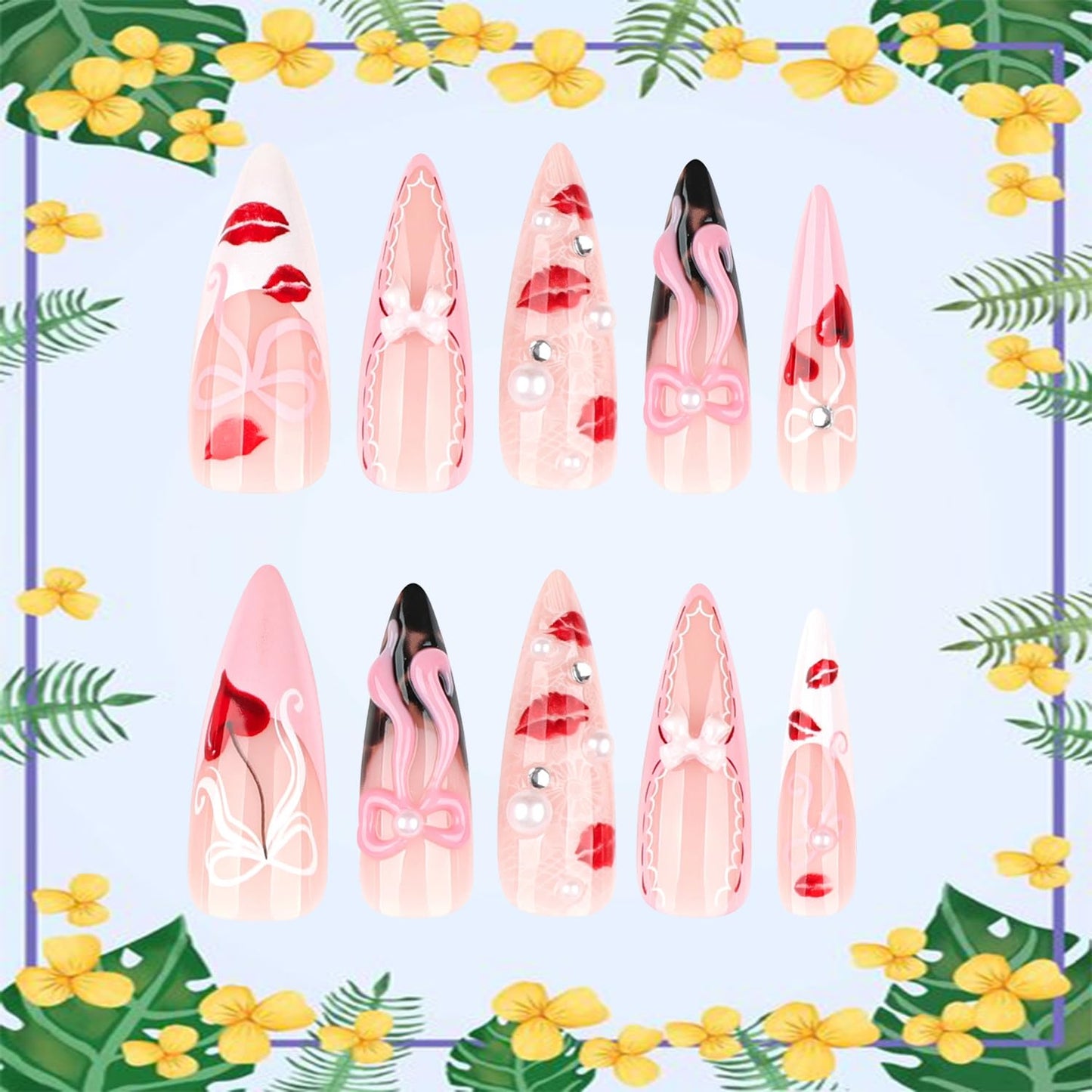 Nude Pink Press on Nails Almond Shaped Artificial Acrylic French Fake Nails 3D Bow with Red Lip Print Pearl Long Design Stick on Nail Glossy Glue on Nail Artificial Fingernails for Women Manicure
