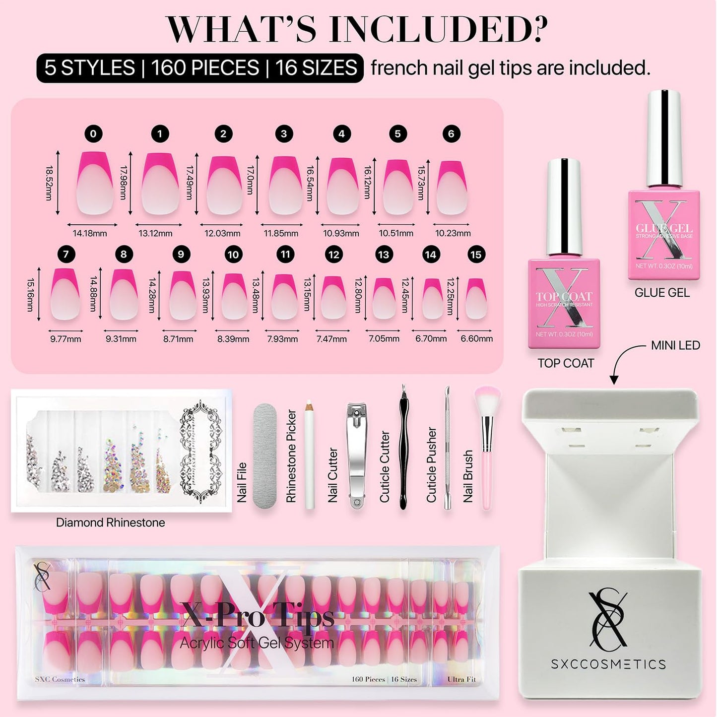 SXC Cosmetics French Tip Press On Nails – 5 Pink Series, Short Coffin, X-Pro Tips Starter Kit | 160PCS, 16 Sizes, 5 Styles, Beginner-Friendly