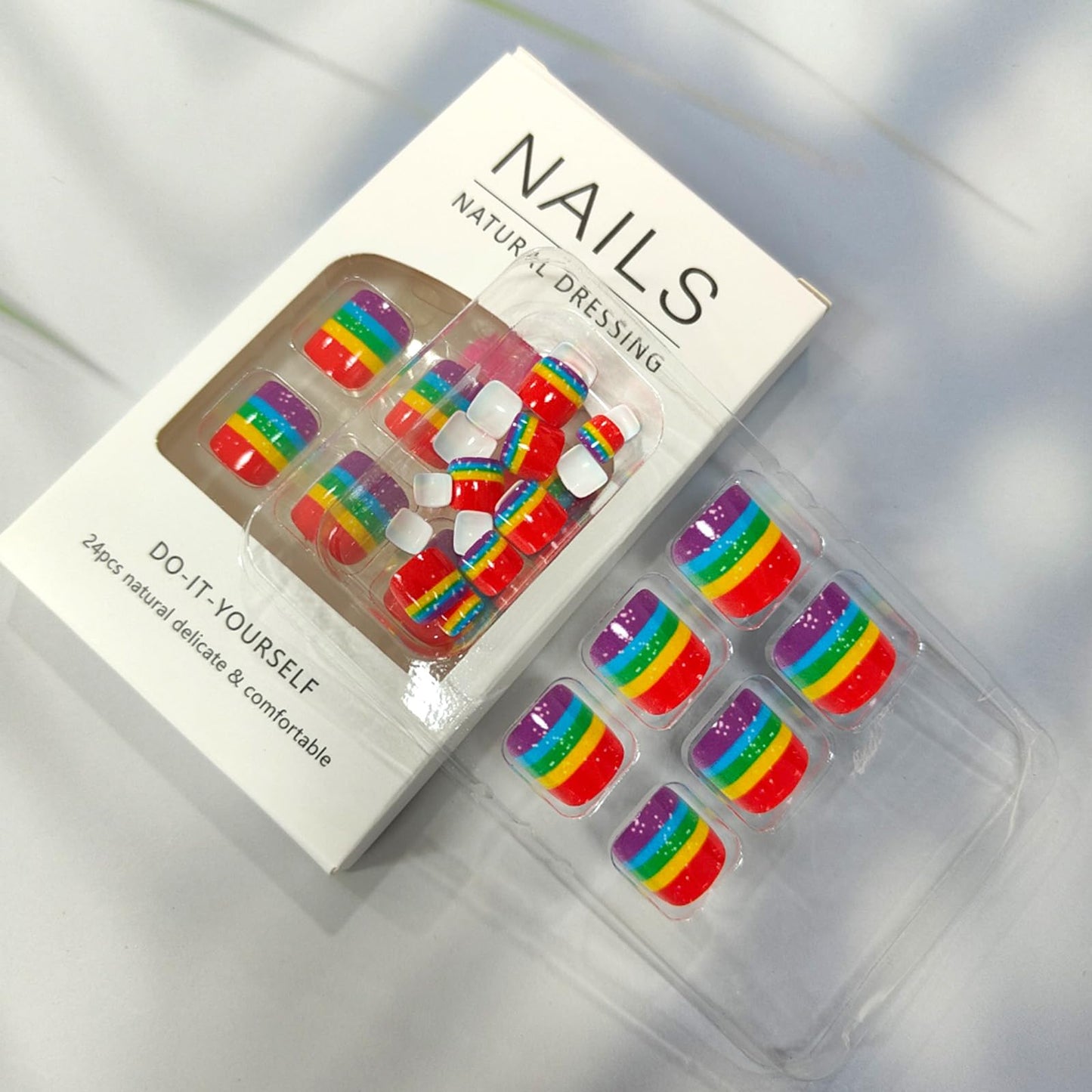 Rainbow Press on Toenails Short Square Fake Toe Nails Press ons Colorful Stripes Design False Toenails Glossy Glue on Toe Nails Spring Summer Acrylic Toenails for Coquette Women 24Pcs