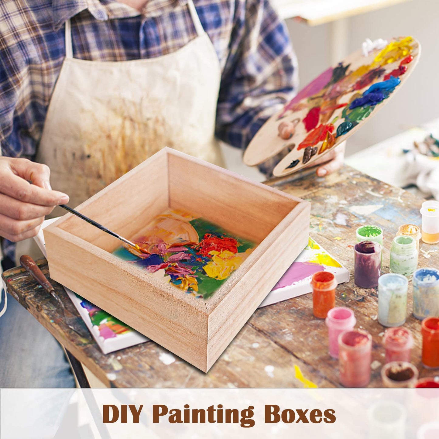 8 Pack Unfinished Wooden Box, 6 x 6 Inch Square Rustic Small Wooden Box Craft Organizer Container for Storage, Home Decor, Art Collectibles, Desktop Decor, Succulent Plant Pot, Drawer, DIY Craft