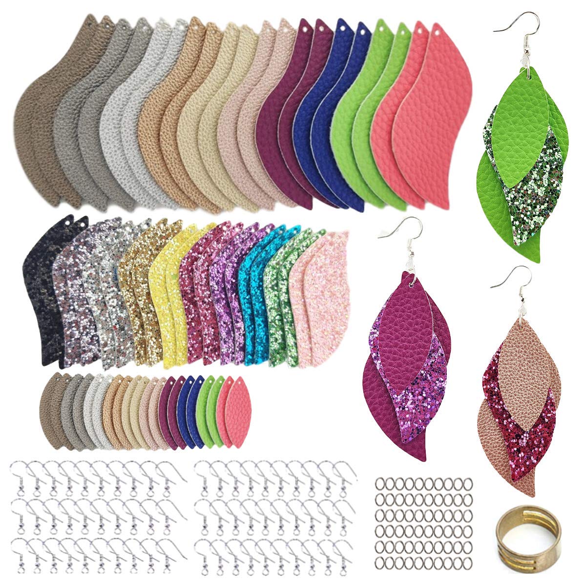 AOUXSEEM 181 Pcs Leaf Faux Leather Earrings Making Kit for Beginner, Contains 60 Pre Cut Lightweight Glitter Printed Synthetic Fabric Pieces and Hypoallergenic Hooks Jump Rings (Solid A)